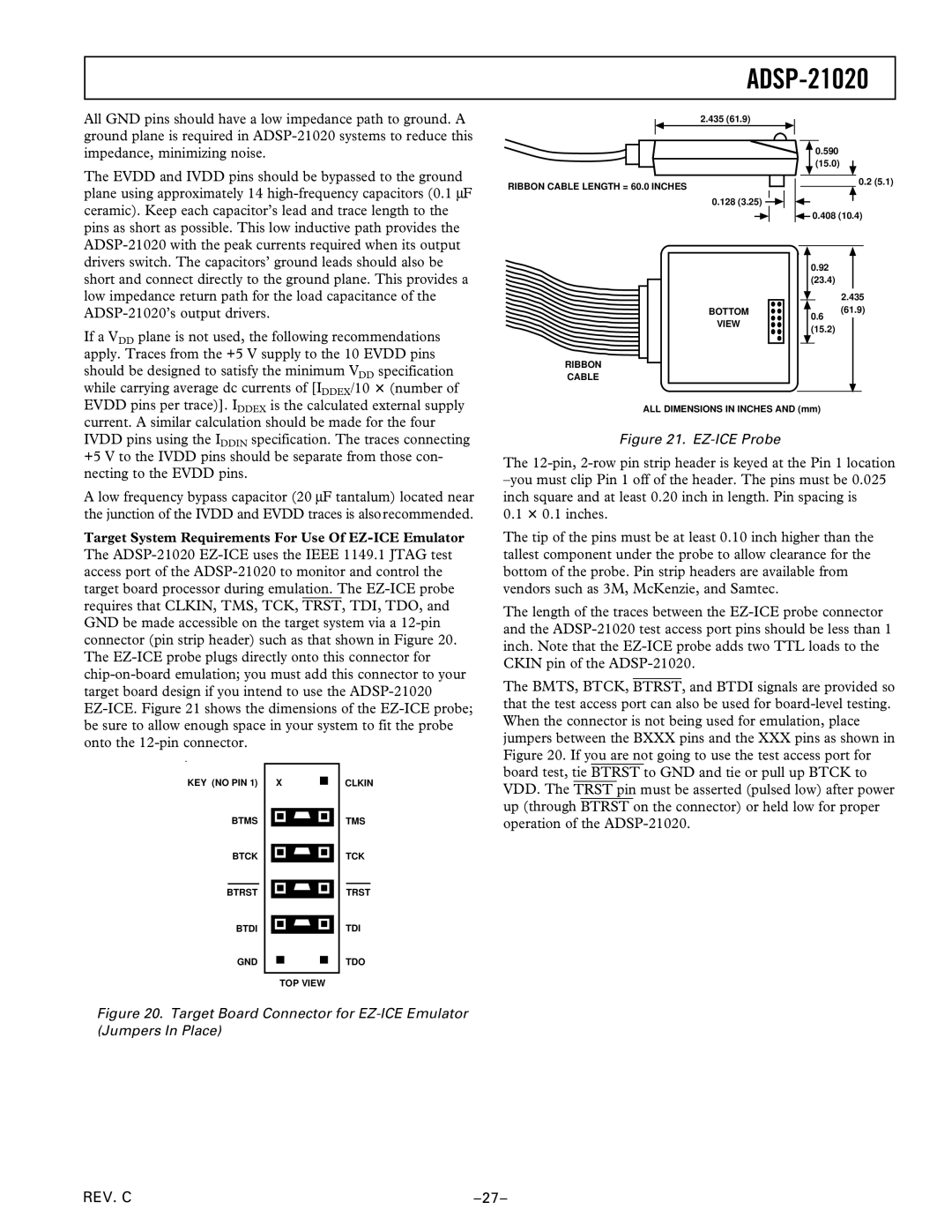 Analog Devices ADSP-21020 manual 3 0.1 inches, Bottom View Ribbon Cable 