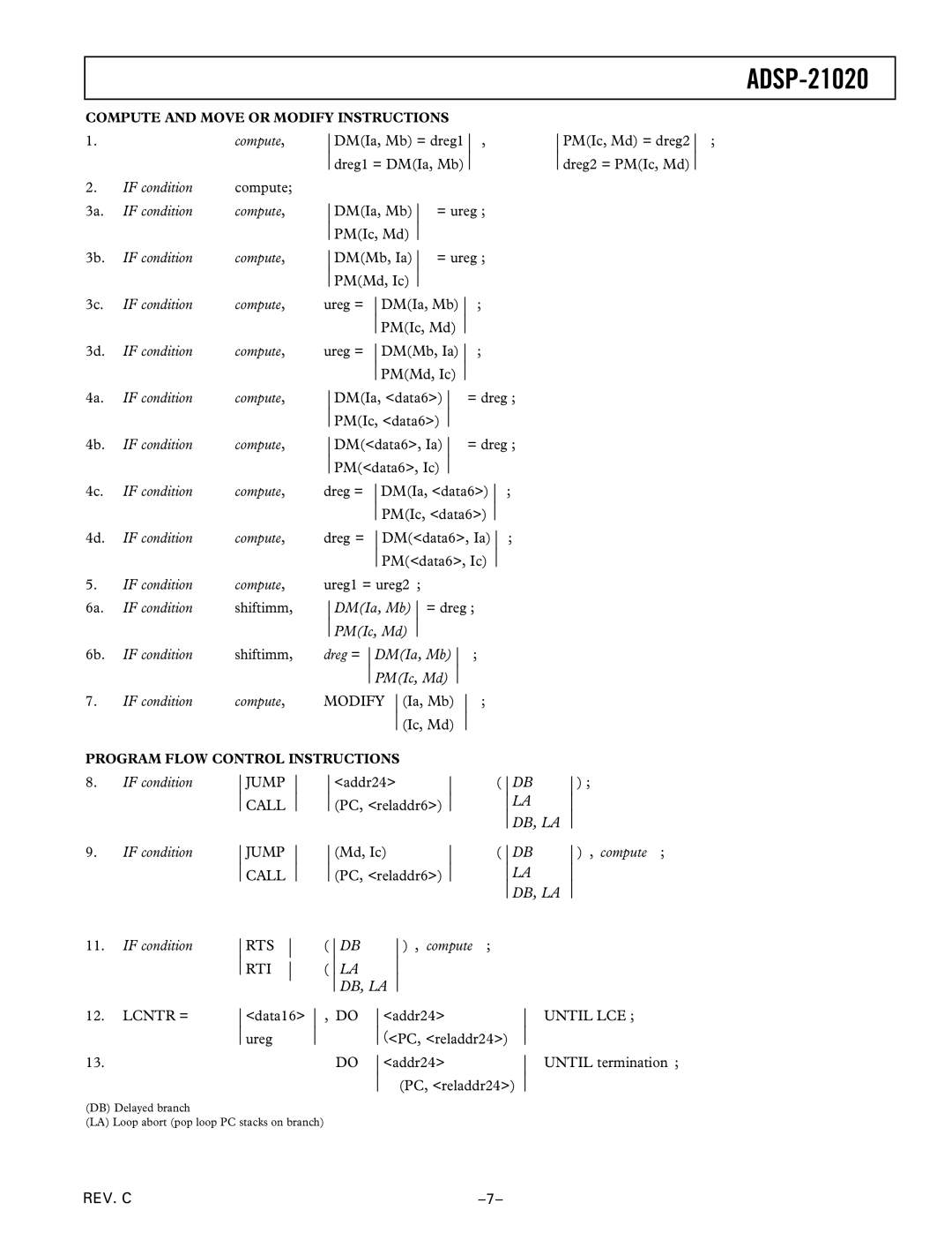 Analog Devices ADSP-21020 manual If condition Compute, DMIa, Mb = dreg, PMIc, Md If condition, Dreg = DMIa, Mb 