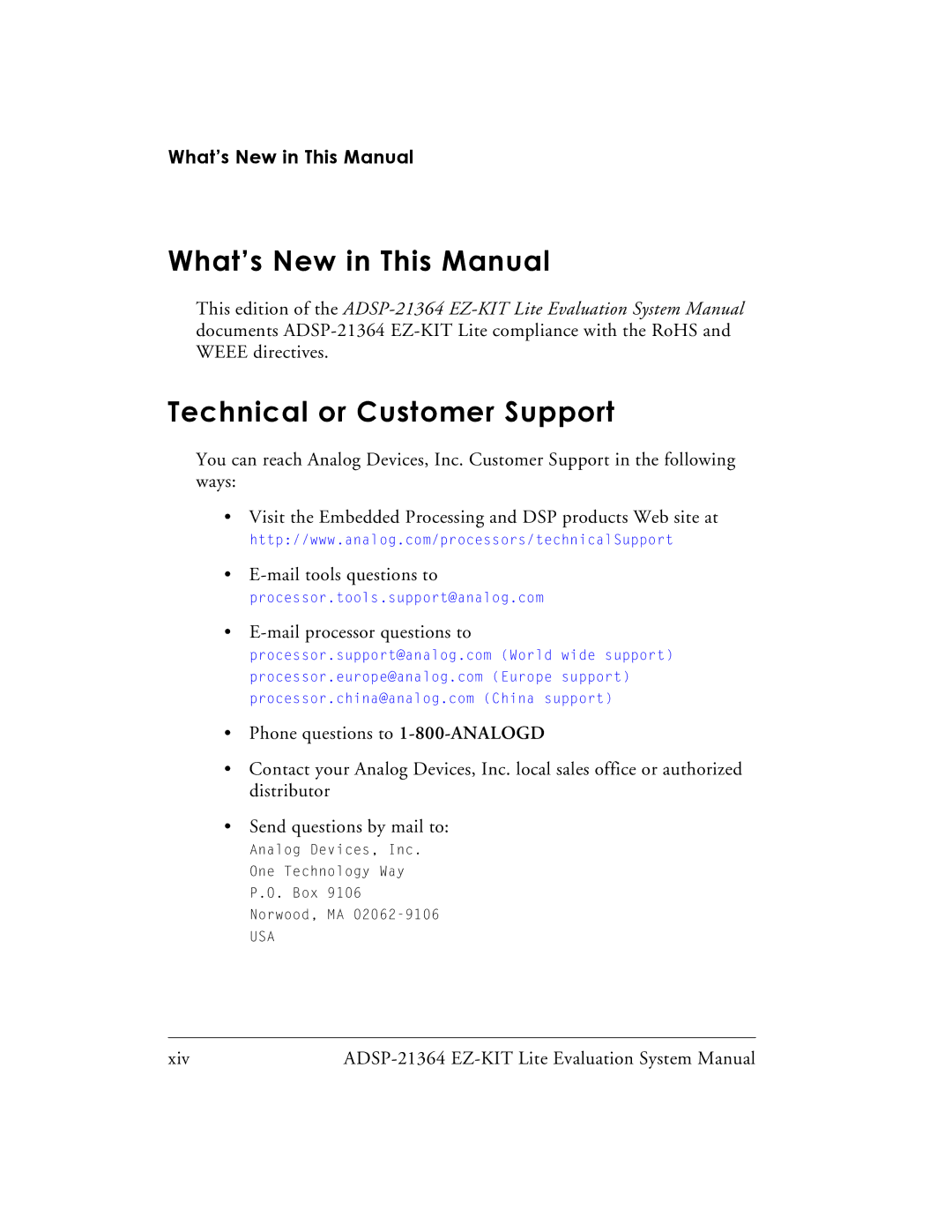 Analog Devices ADSP-21364 system manual What’s New in This Manual, Technical or Customer Support 