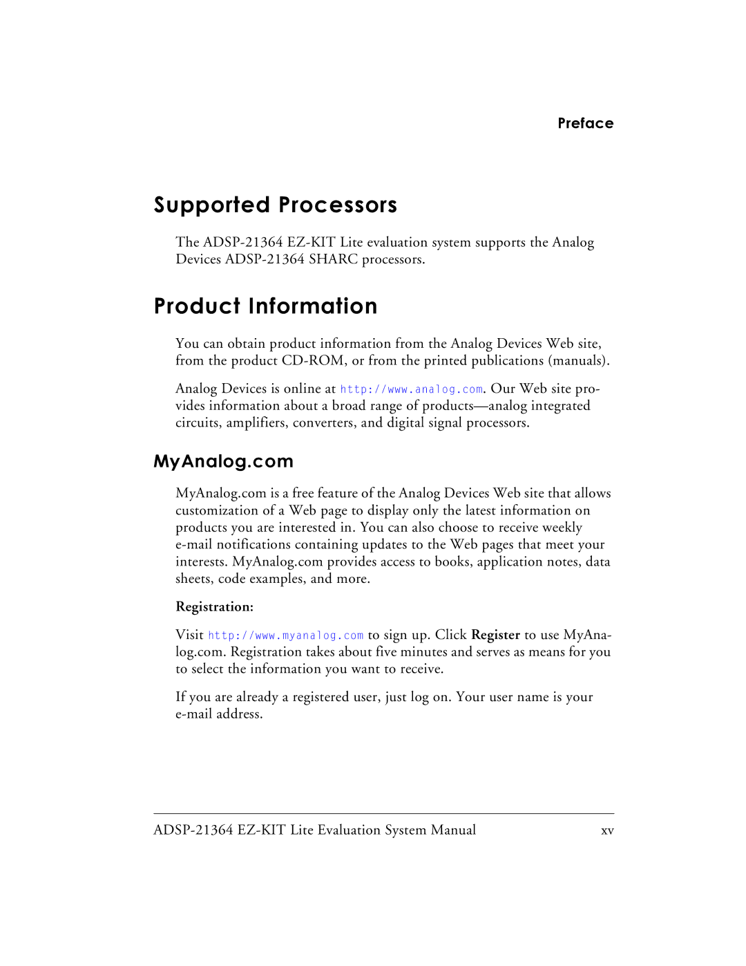 Analog Devices ADSP-21364 system manual Supported Processors, Product Information, MyAnalog.com 