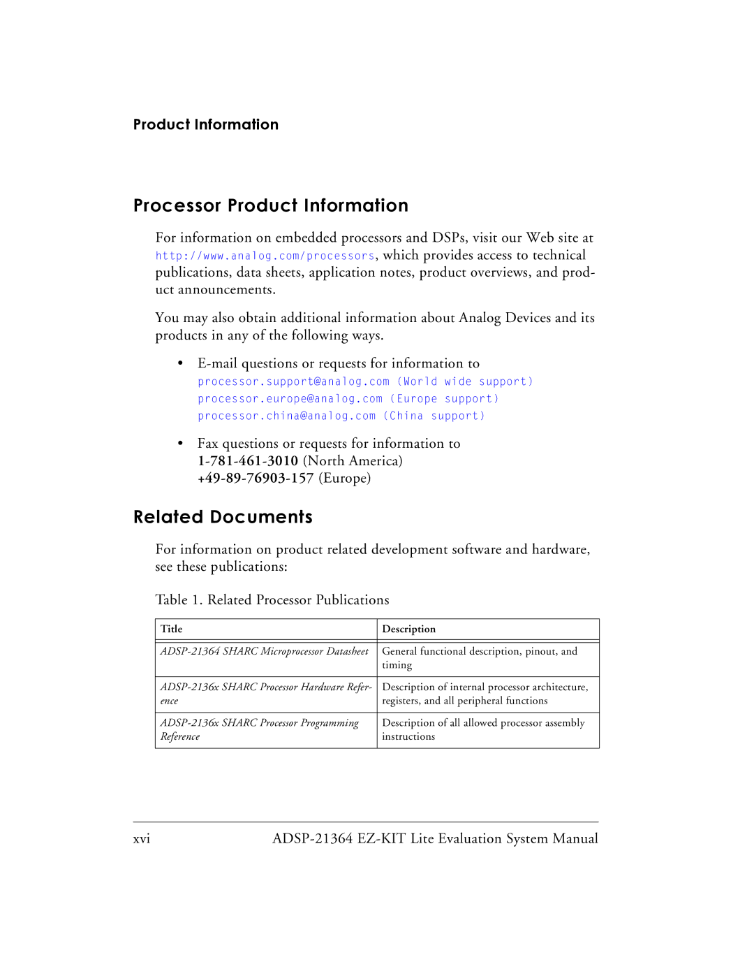 Analog Devices ADSP-21364 system manual Processor Product Information, Related Documents 