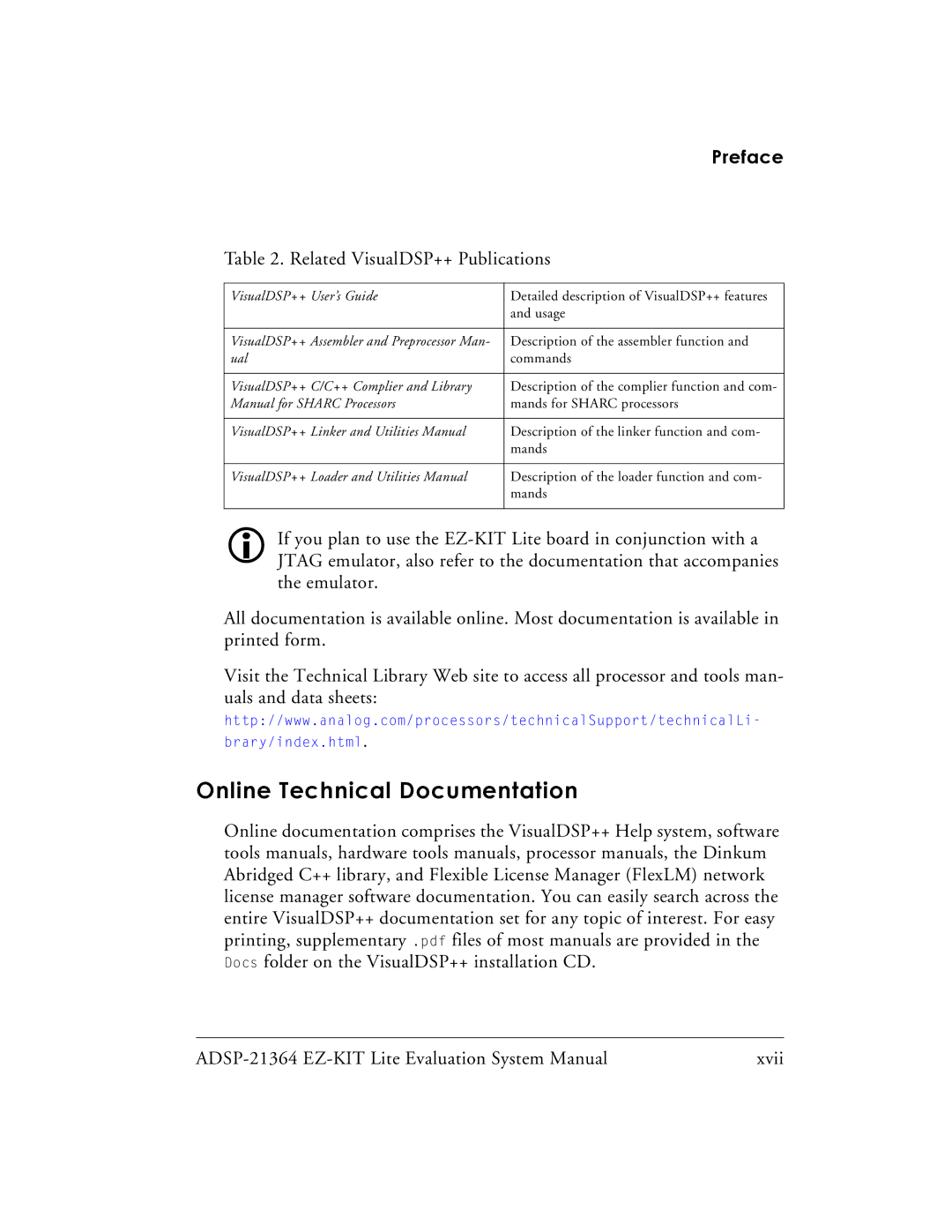 Analog Devices ADSP-21364 system manual Online Technical Documentation, Related VisualDSP++ Publications 