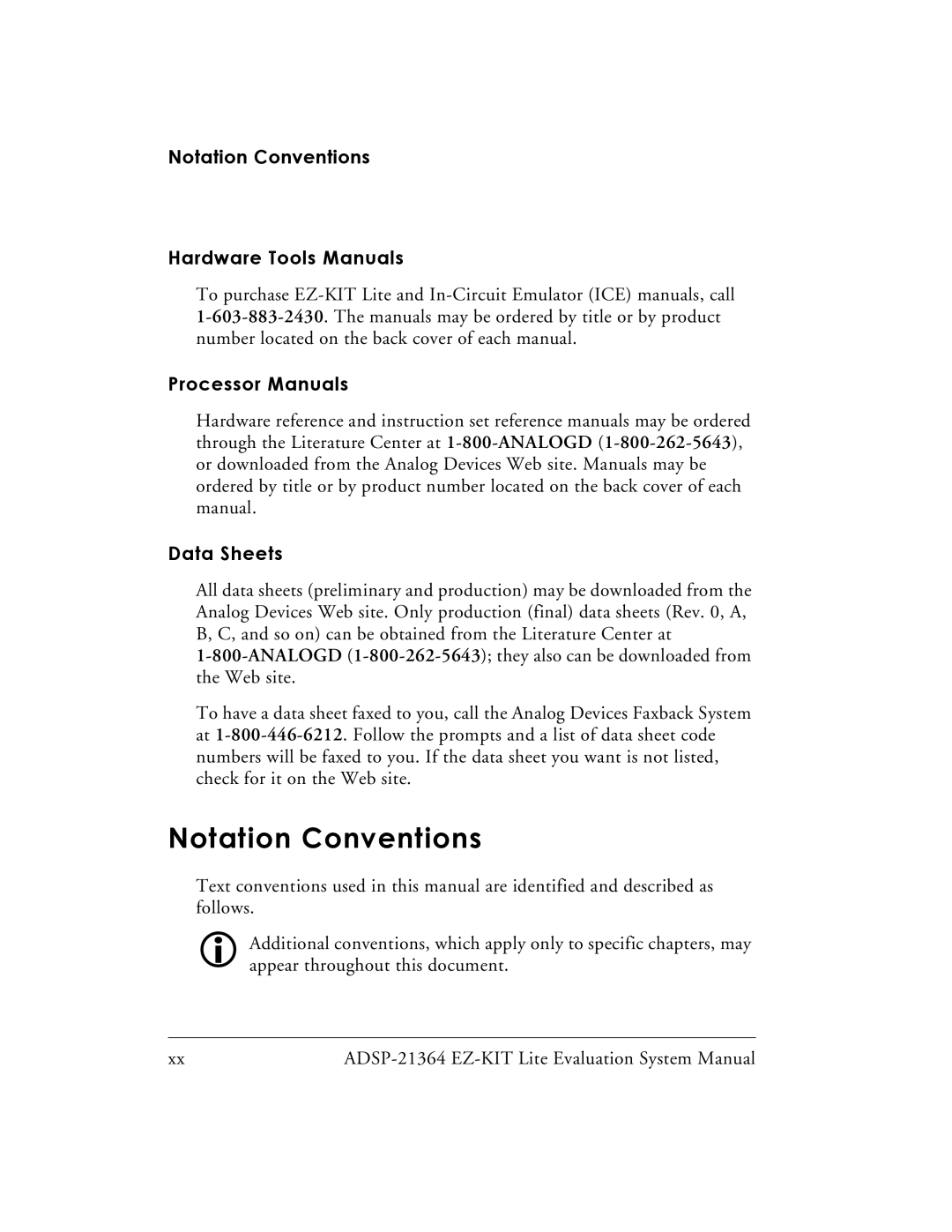 Analog Devices ADSP-21364 system manual Notation Conventions Hardware Tools Manuals, Processor Manuals, Data Sheets 