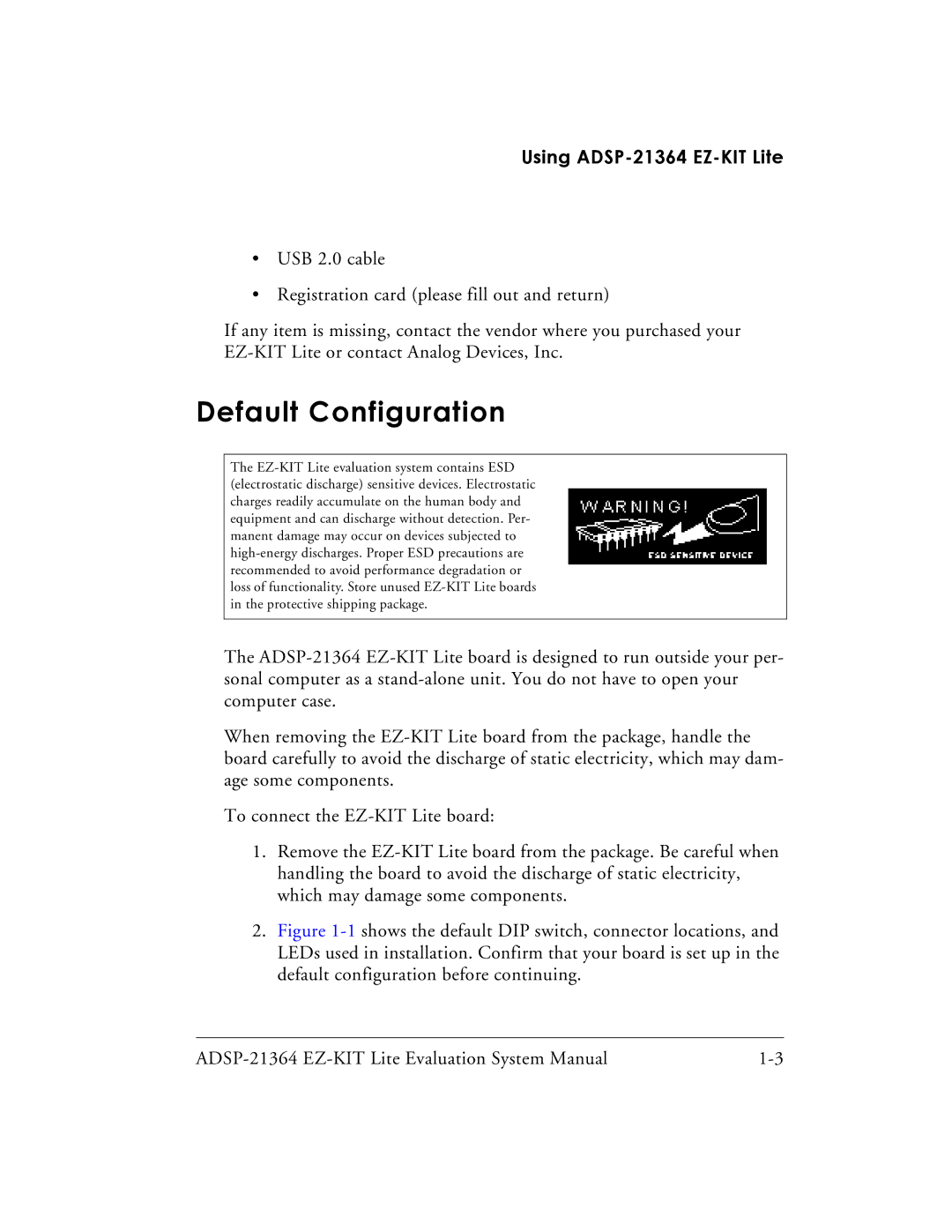 Analog Devices system manual Default Configuration, Using ADSP-21364 EZ-KIT Lite 