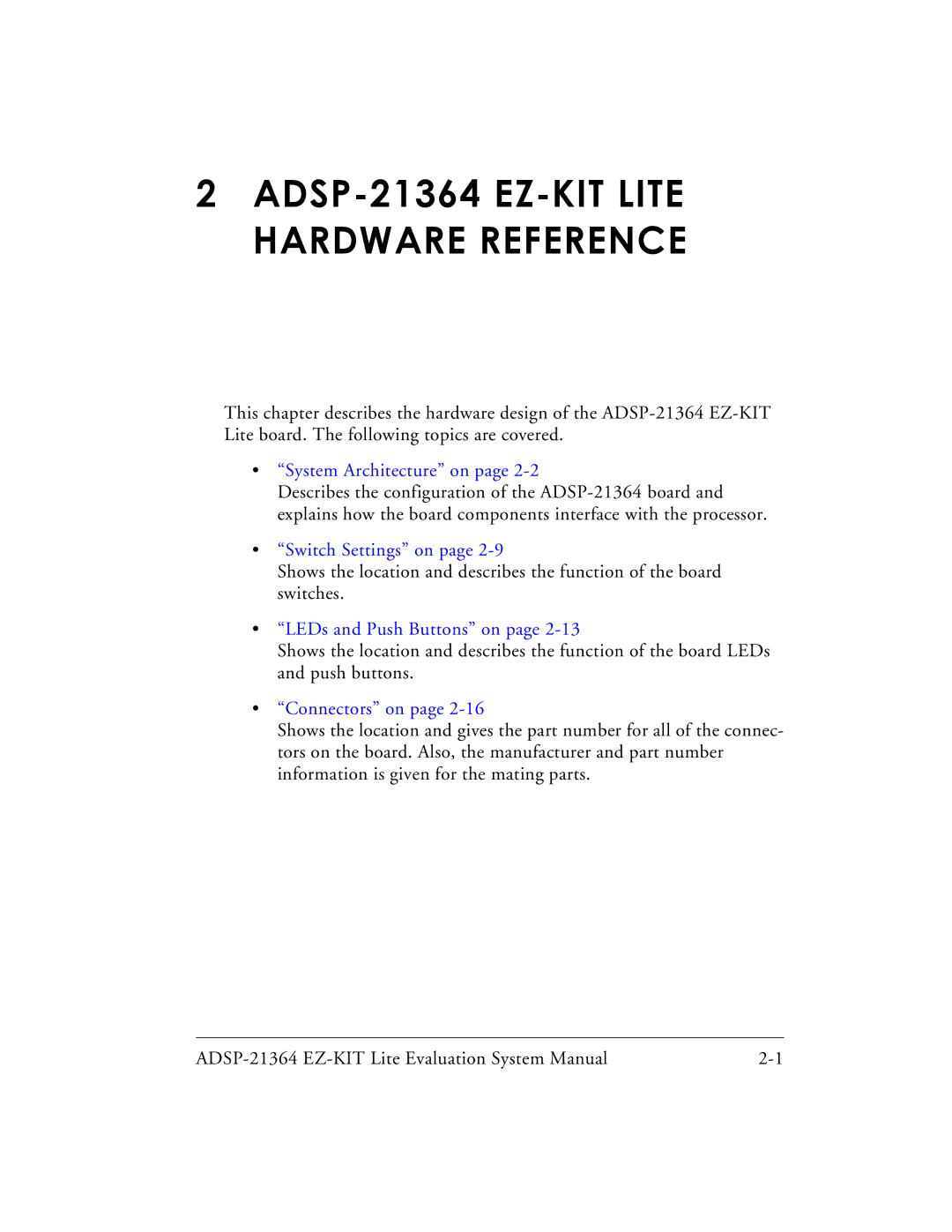 Analog Devices system manual ADSP-21364 EZ-KIT Lite Hardware Reference 