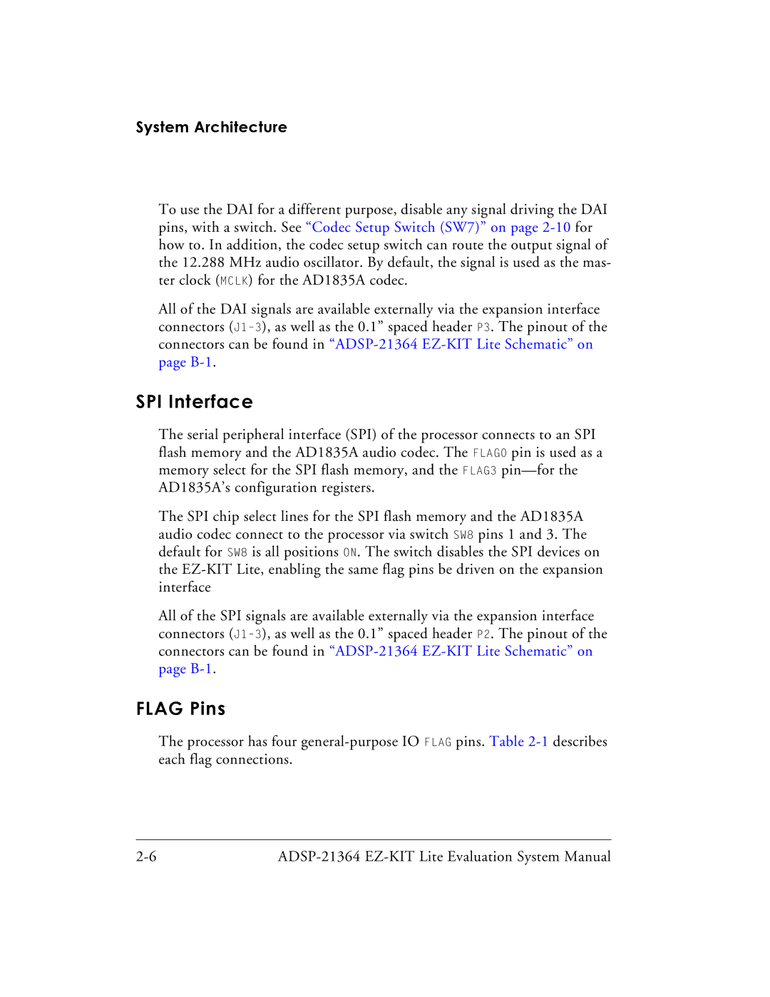 Analog Devices ADSP-21364 system manual SPI Interface, Flag Pins 
