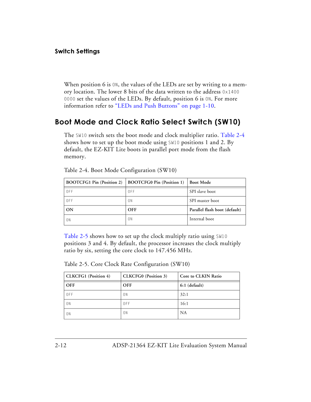 Analog Devices ADSP-21364 system manual Boot Mode and Clock Ratio Select Switch SW10 