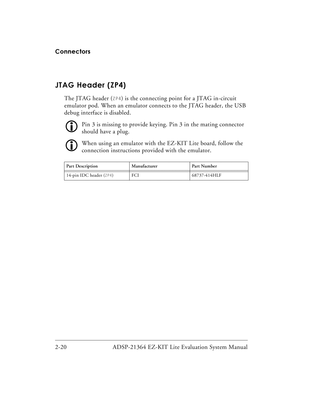 Analog Devices ADSP-21364 system manual Jtag Header ZP4 