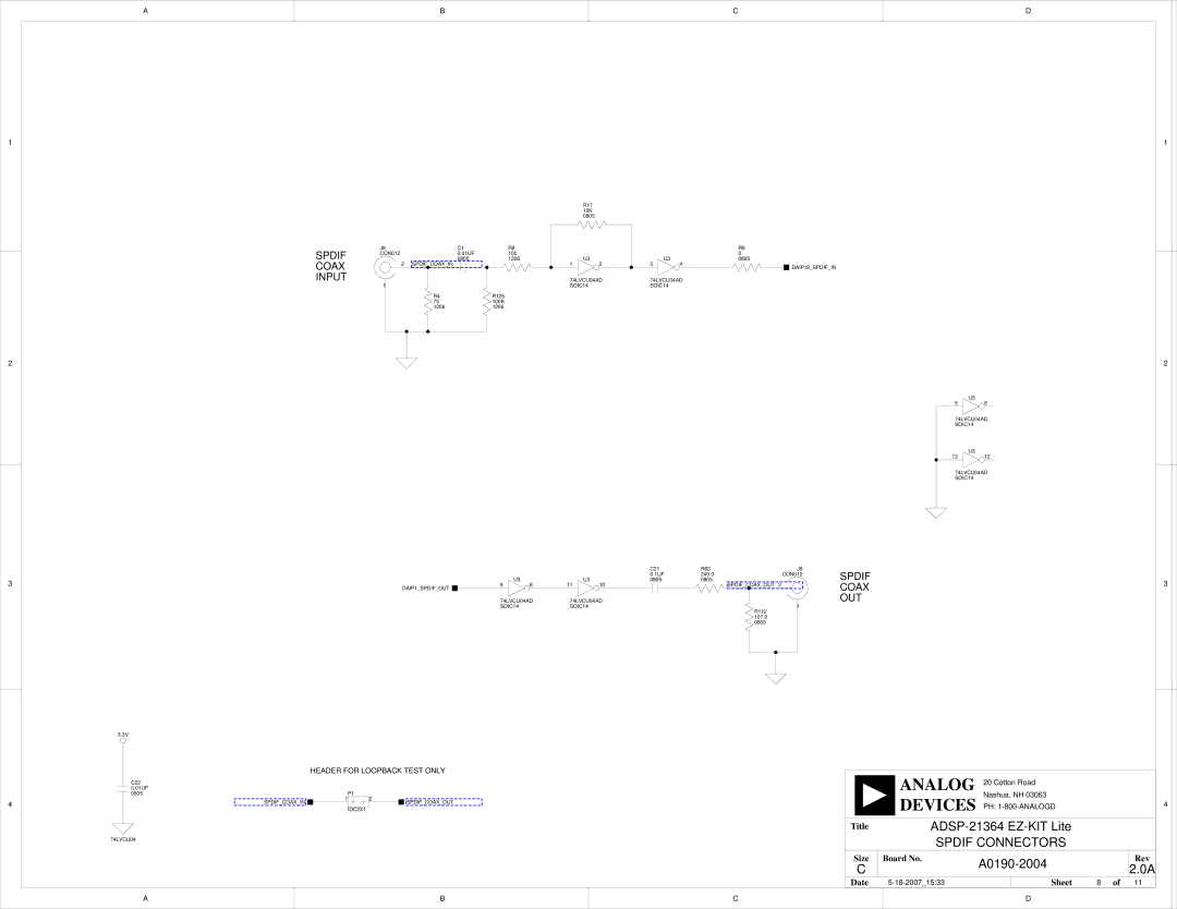 Analog Devices ADSP-21364 system manual Spdif Coax Input, Out 