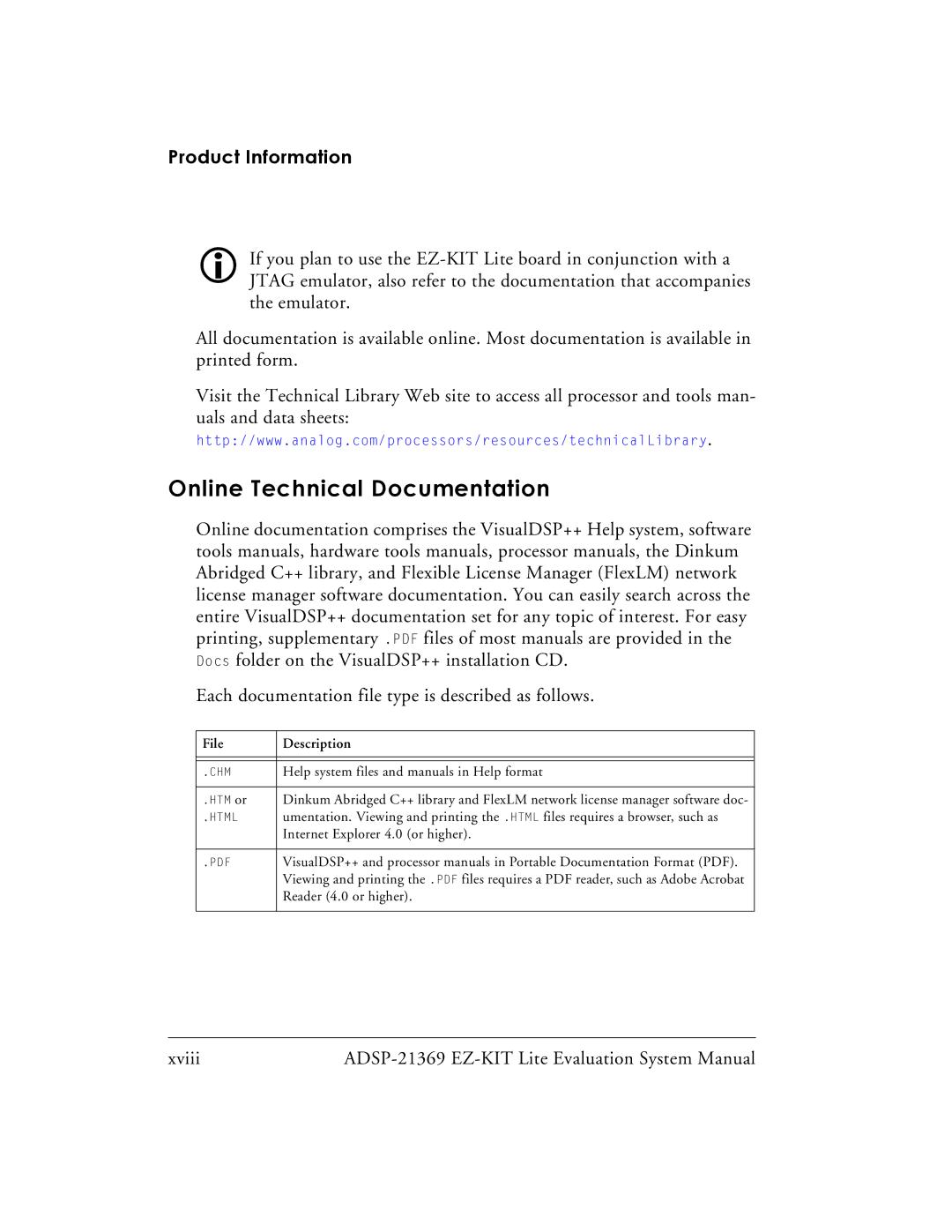 Analog Devices ADSP-21369 Online Technical Documentation, Each documentation file type is described as follows 