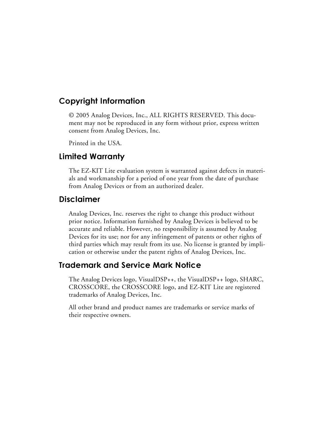 Analog Devices ADSP-21369 Copyright Information, Limited Warranty, Disclaimer, Trademark and Service Mark Notice 