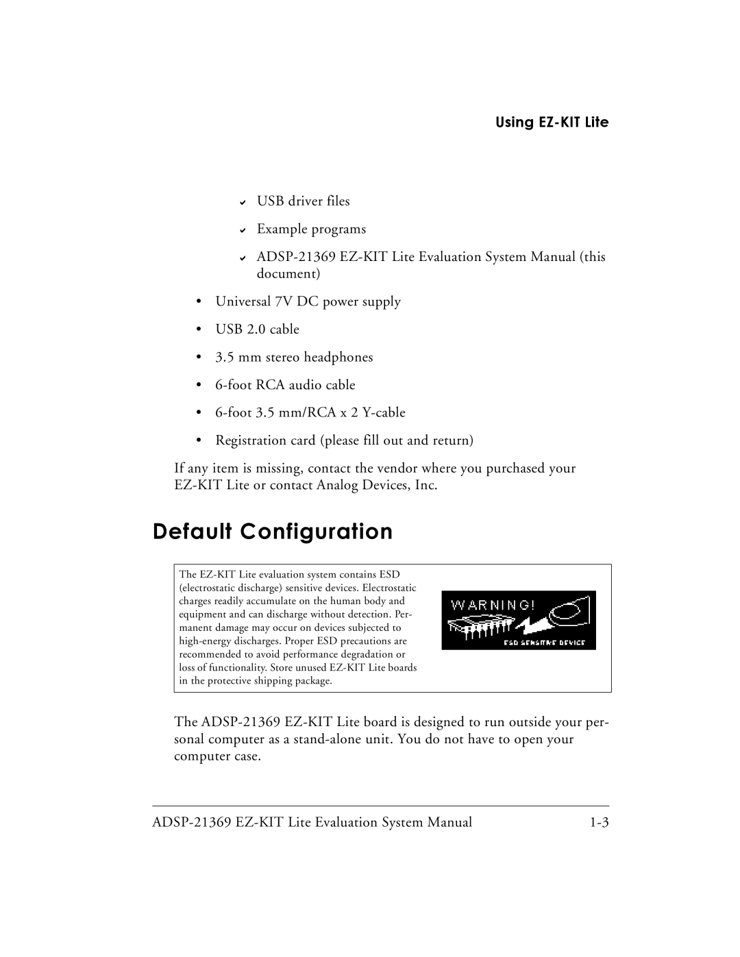 Analog Devices ADSP-21369 system manual Default Configuration, Using EZ-KIT Lite 