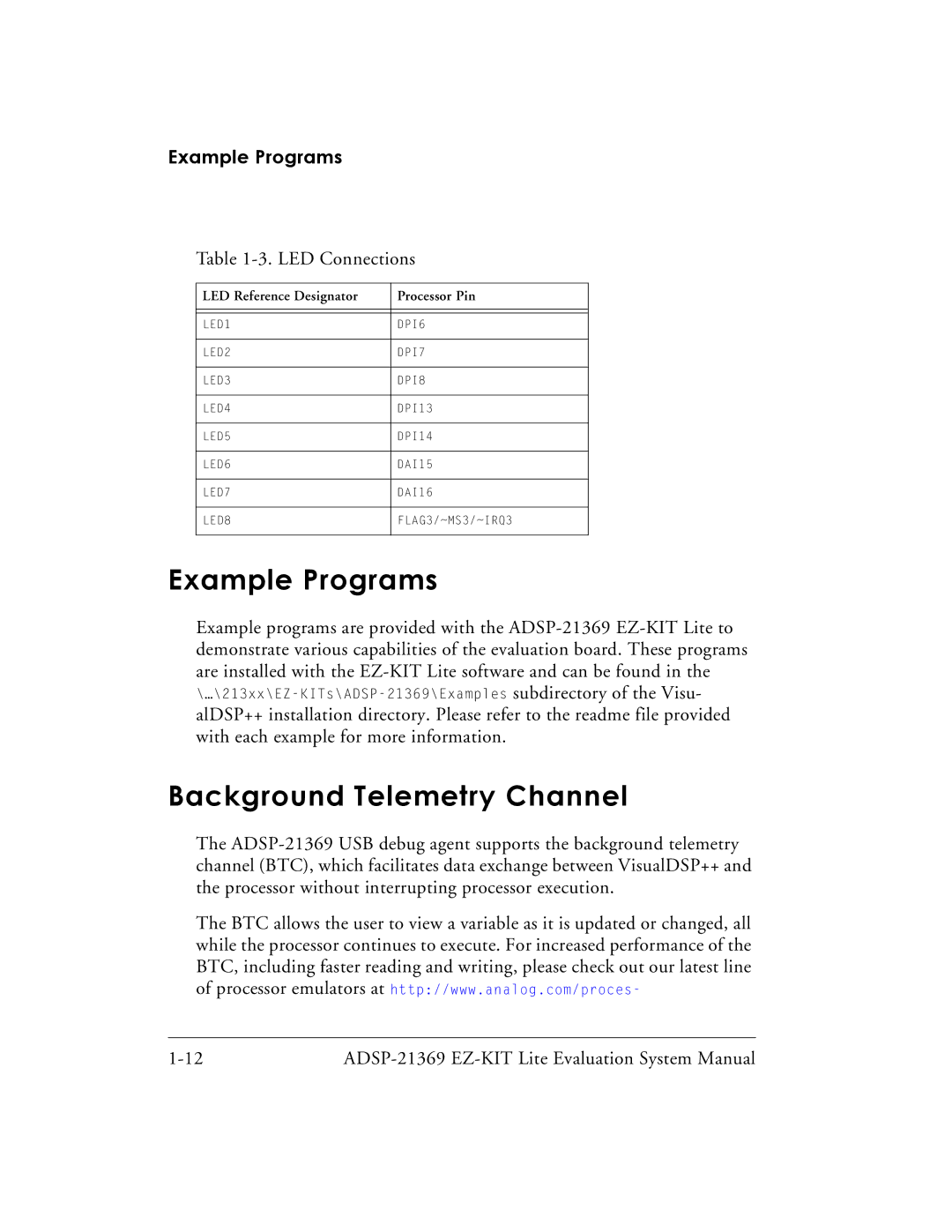 Analog Devices ADSP-21369 system manual Example Programs, Background Telemetry Channel 