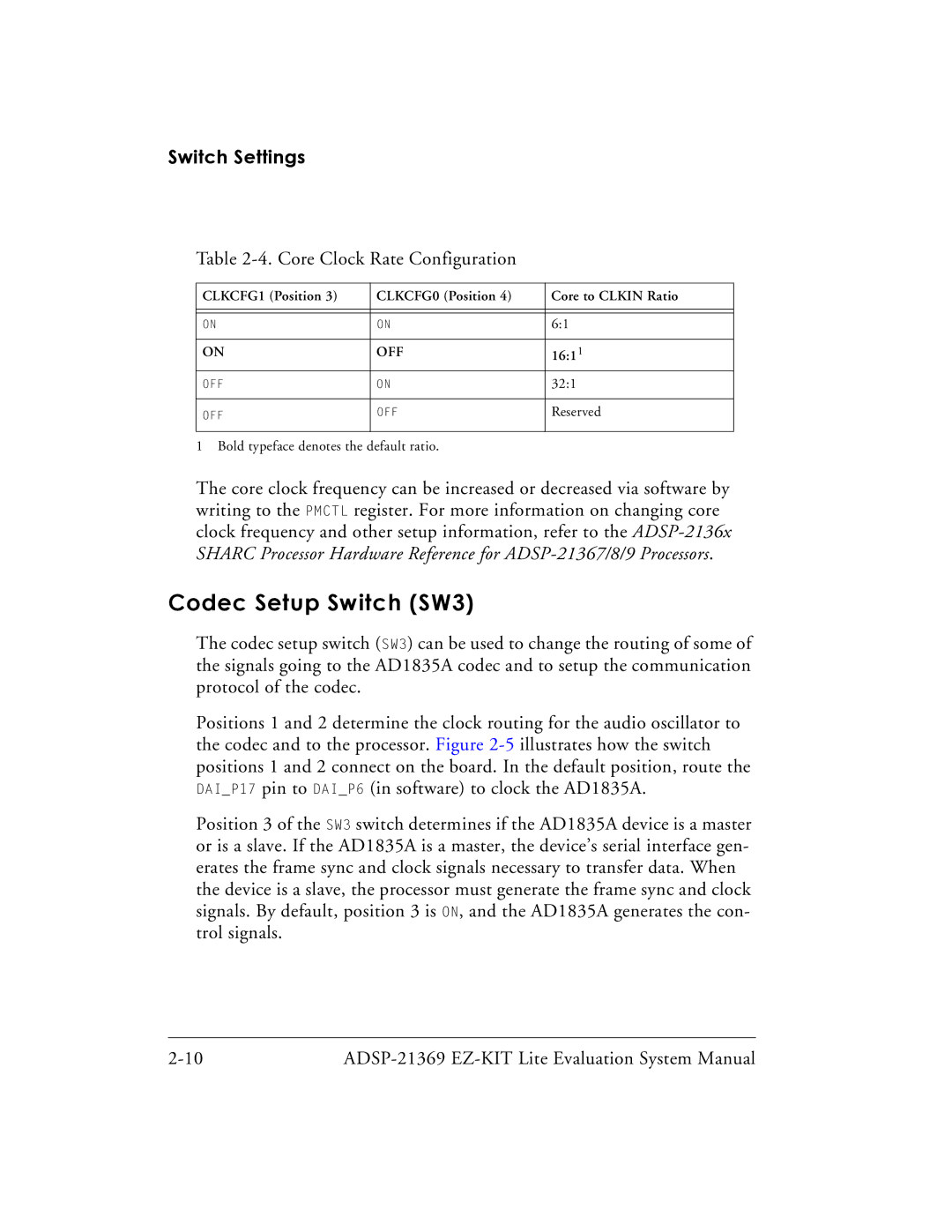 Analog Devices ADSP-21369 system manual Codec Setup Switch SW3, Core Clock Rate Configuration 