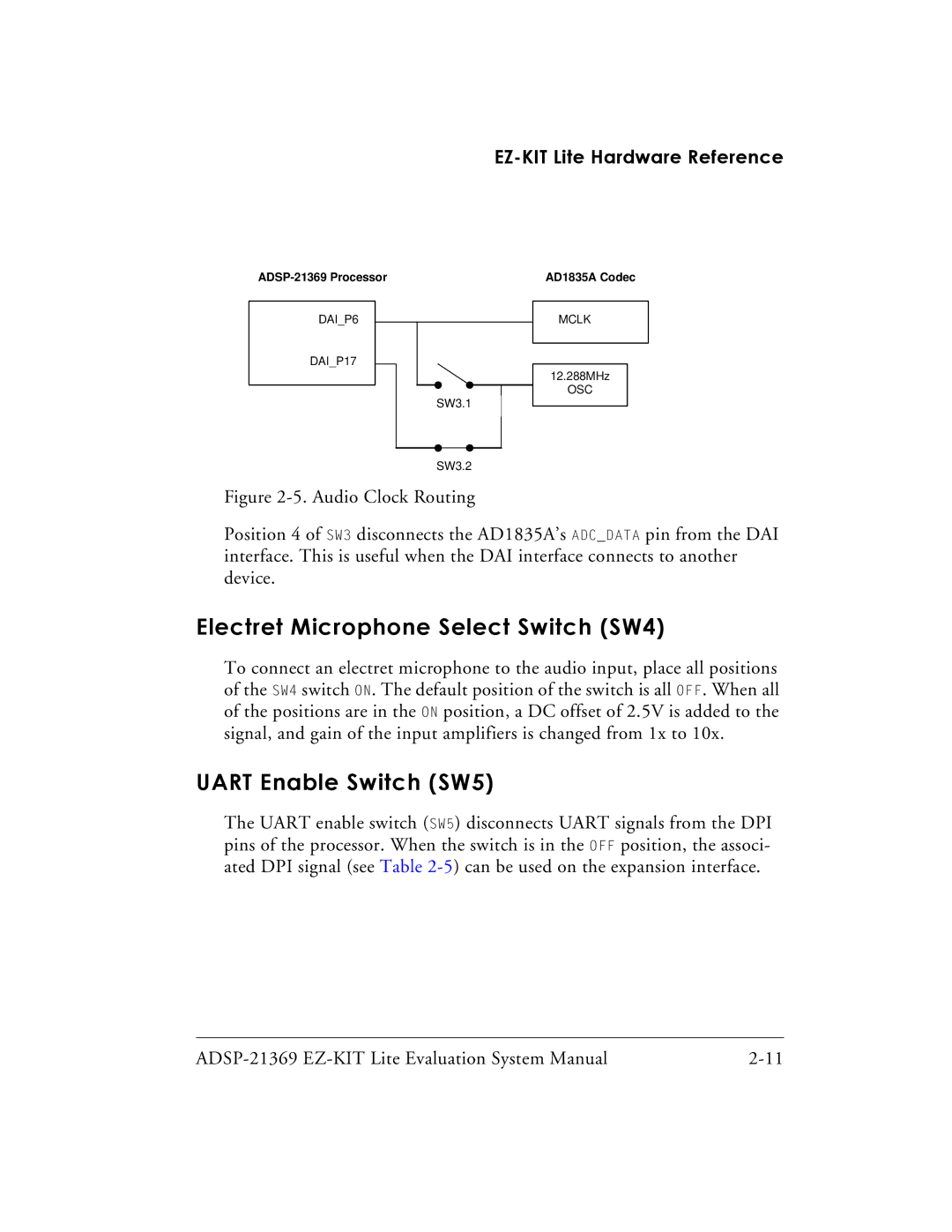 Analog Devices ADSP-21369 system manual Electret Microphone Select Switch SW4, Uart Enable Switch SW5 