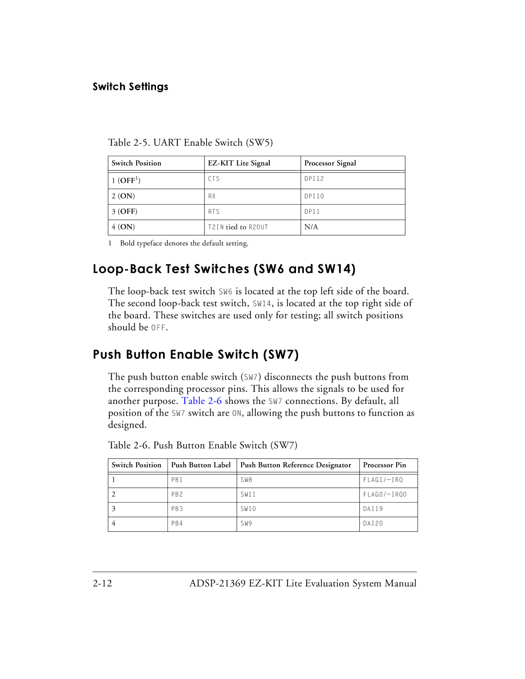 Analog Devices ADSP-21369 system manual Loop-Back Test Switches SW6 and SW14, Push Button Enable Switch SW7 