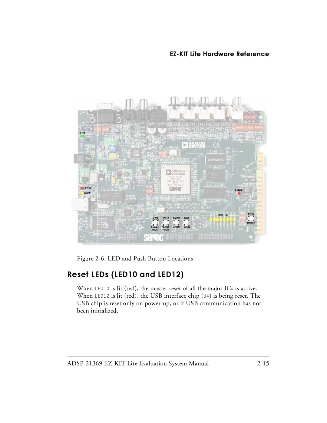 Analog Devices ADSP-21369 system manual Reset LEDs LED10 and LED12, LED and Push Button Locations 