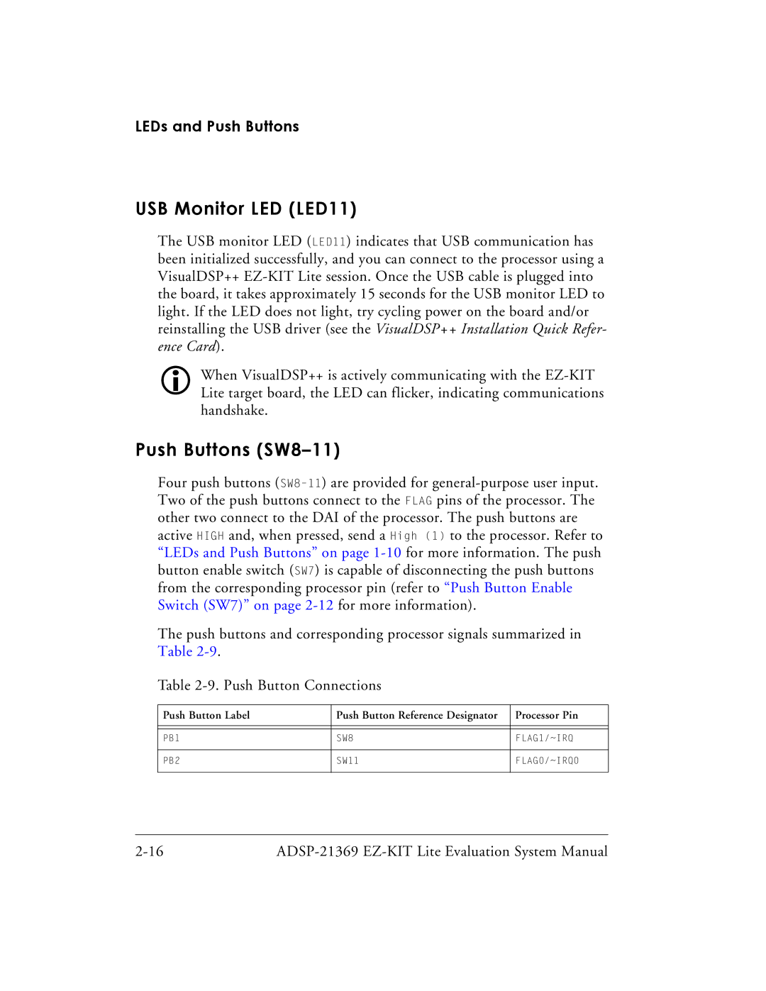 Analog Devices ADSP-21369 system manual USB Monitor LED LED11, Push Buttons SW8-11 