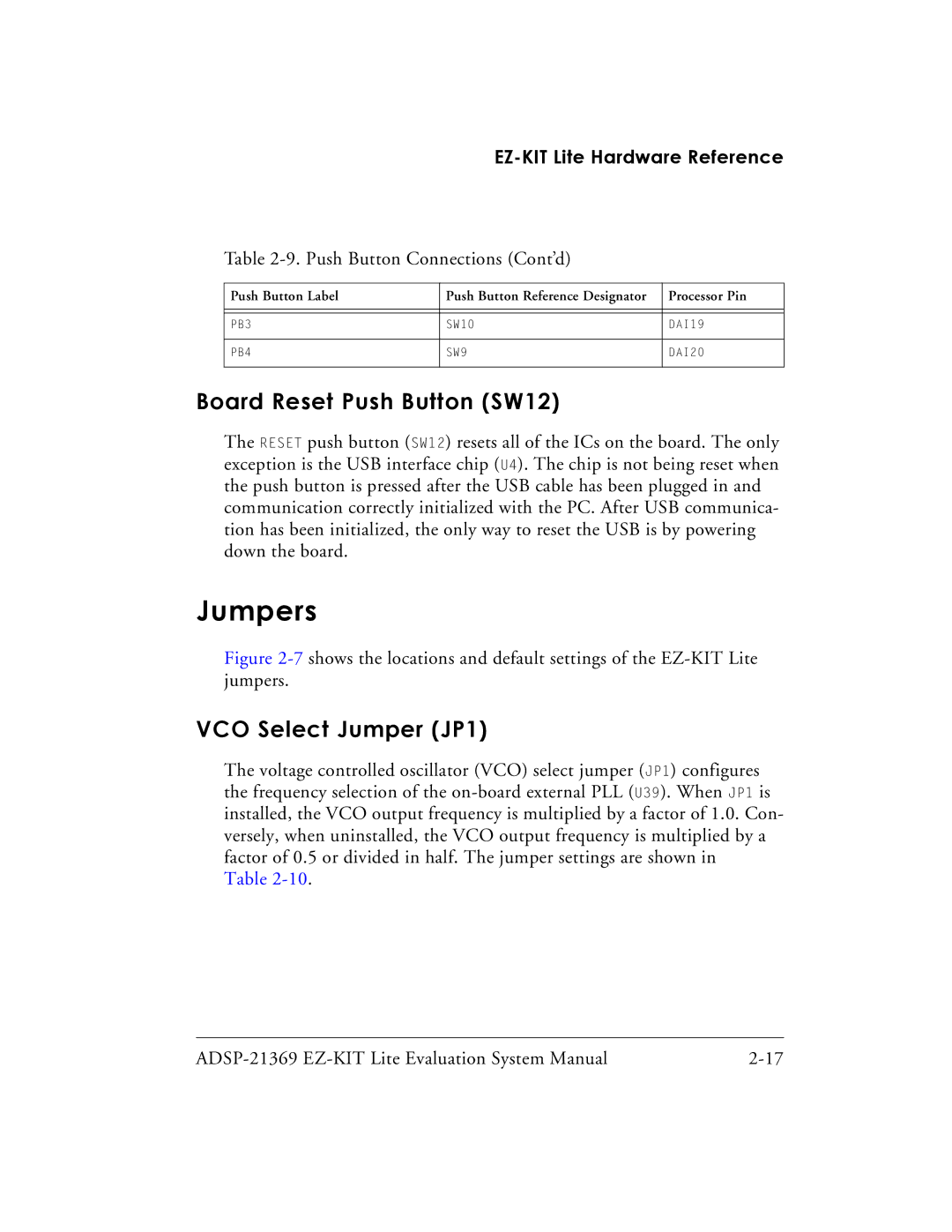 Analog Devices ADSP-21369 system manual Jumpers, Board Reset Push Button SW12, VCO Select Jumper JP1 