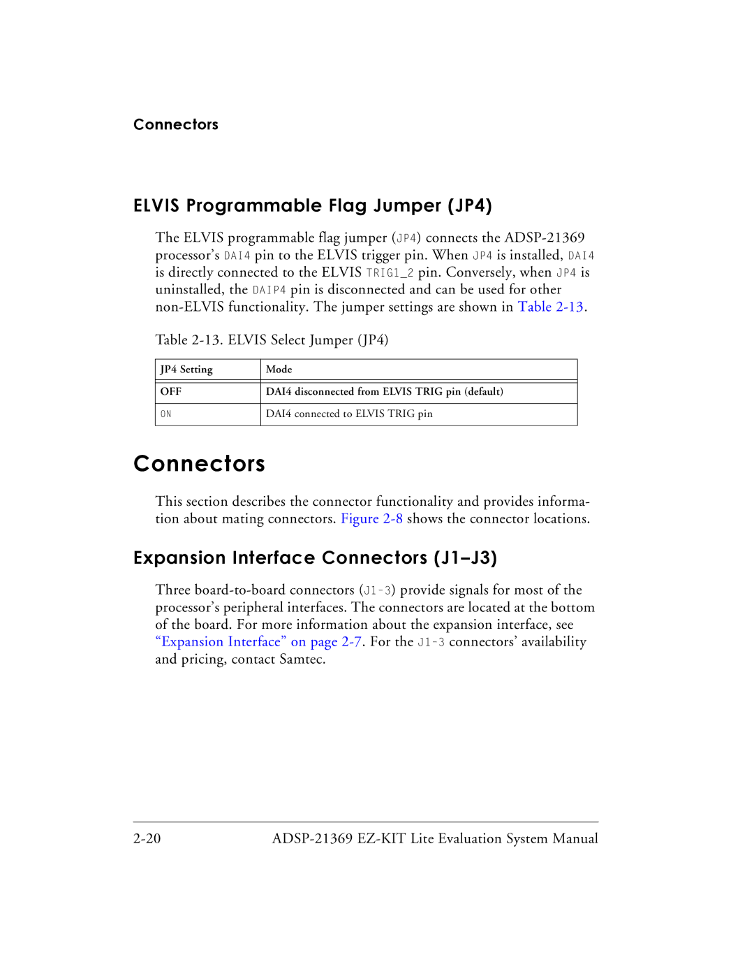 Analog Devices ADSP-21369 system manual Elvis Programmable Flag Jumper JP4, Expansion Interface Connectors J1-J3 