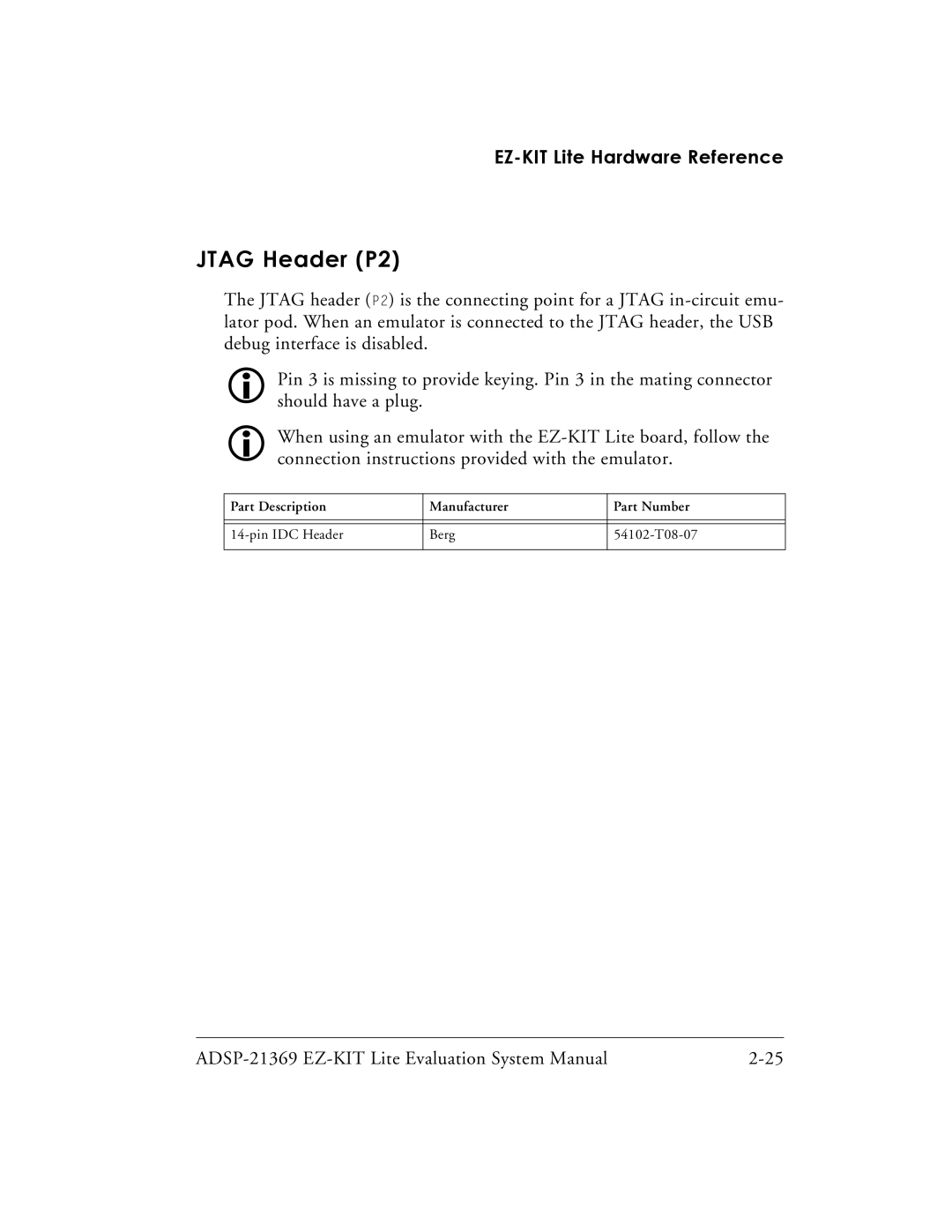 Analog Devices ADSP-21369 system manual Jtag Header P2 