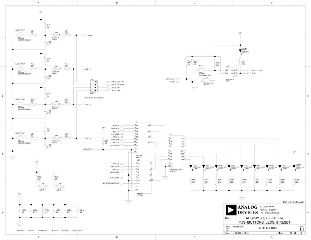 Analog Devices ADSP-21369 system manual PUSHBUTTONS, LEDS, & Reset 