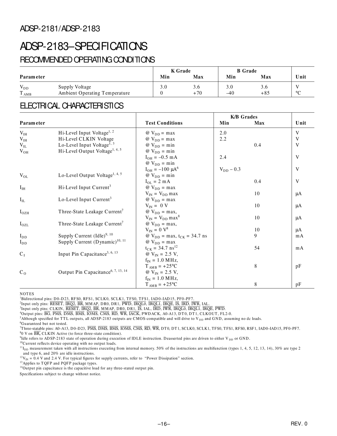 Analog Devices ADSP-2181 manual ADSP-2183-SPECIFICATIONS 