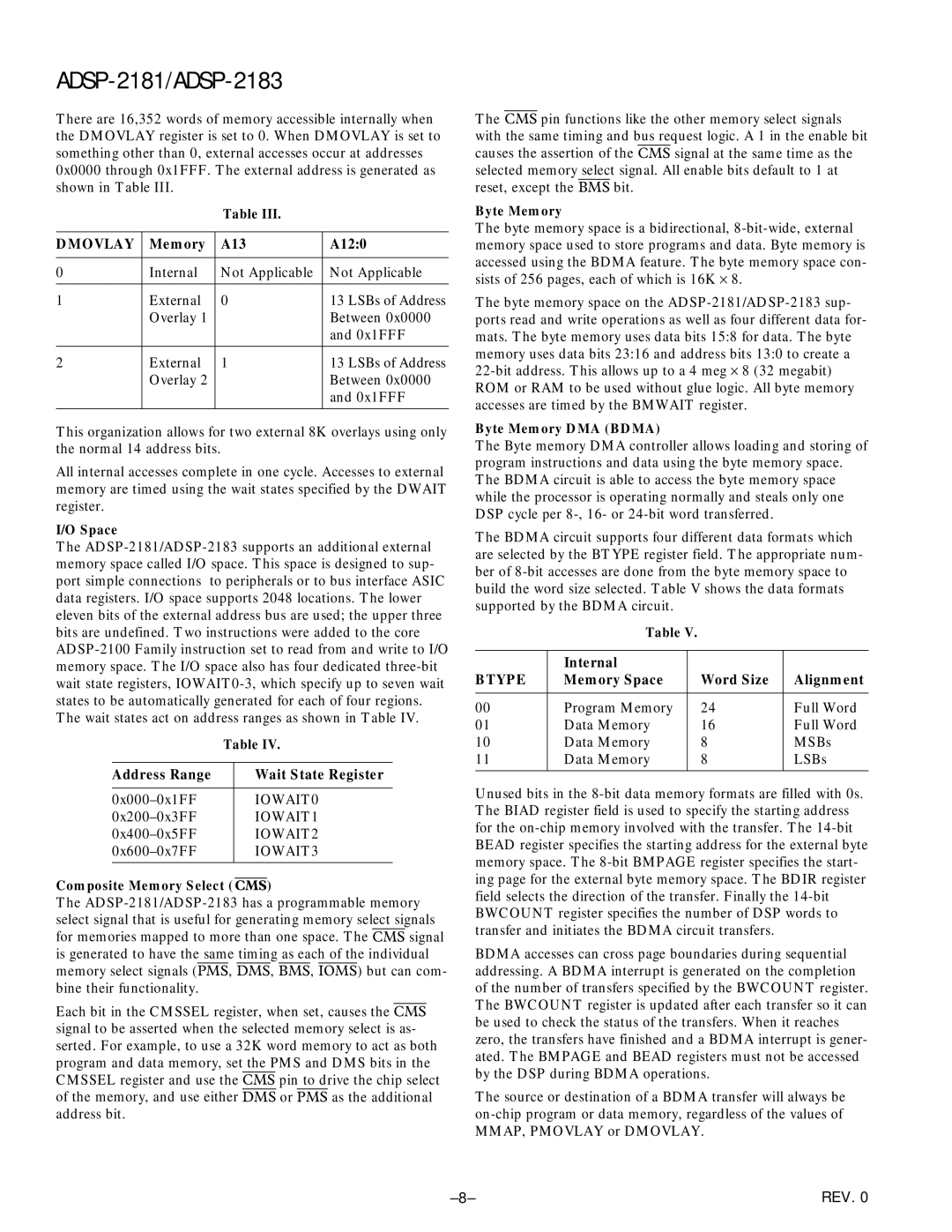 Analog Devices ADSP-2183, ADSP-2181 manual Address Range Wait State Register, Internal, Memory Space Word Size Alignment 