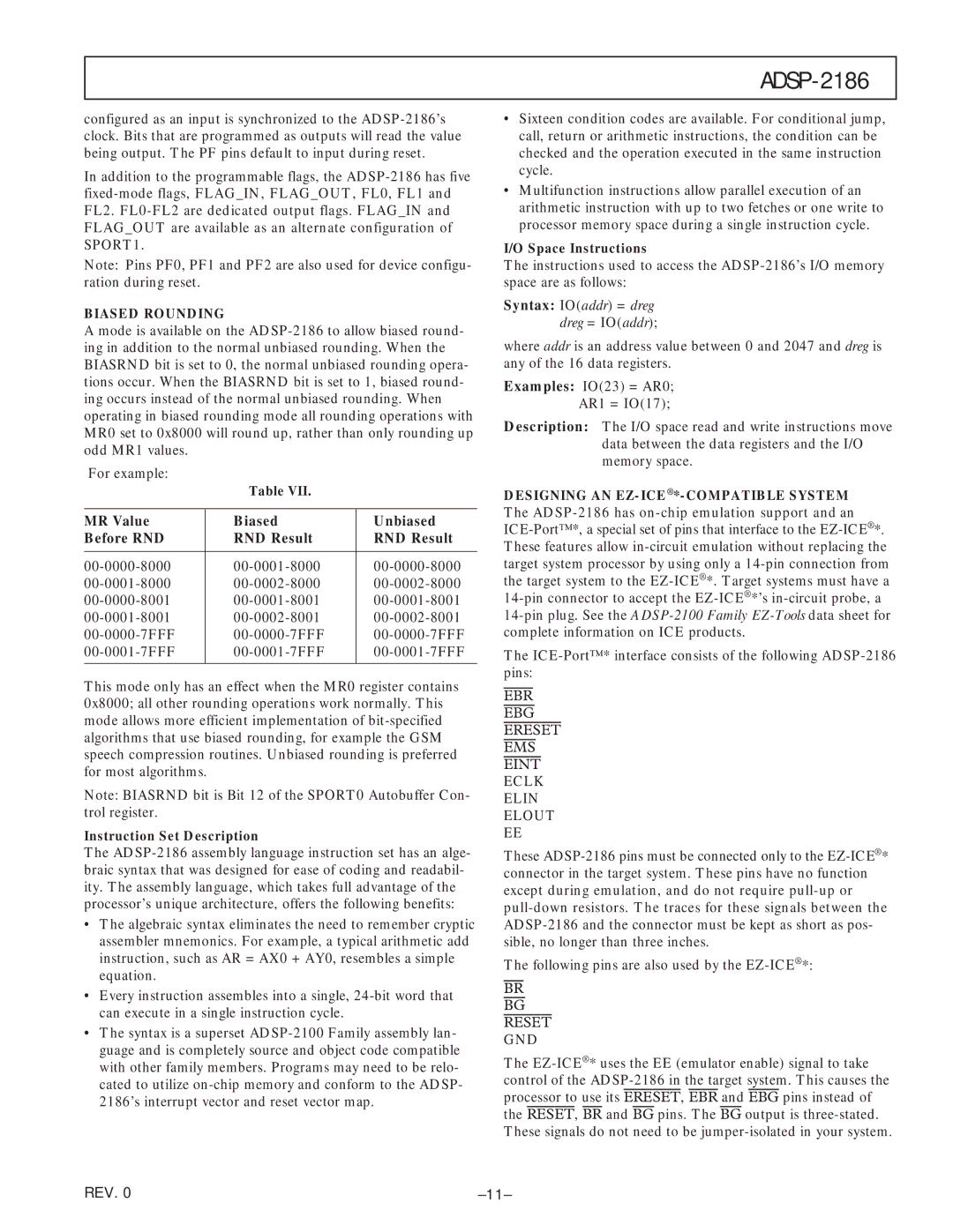 Analog Devices ADSP-2186 specifications MR Value Biased Unbiased Before RND RND Result, Syntax IOaddr = dreg dreg = IOaddr 