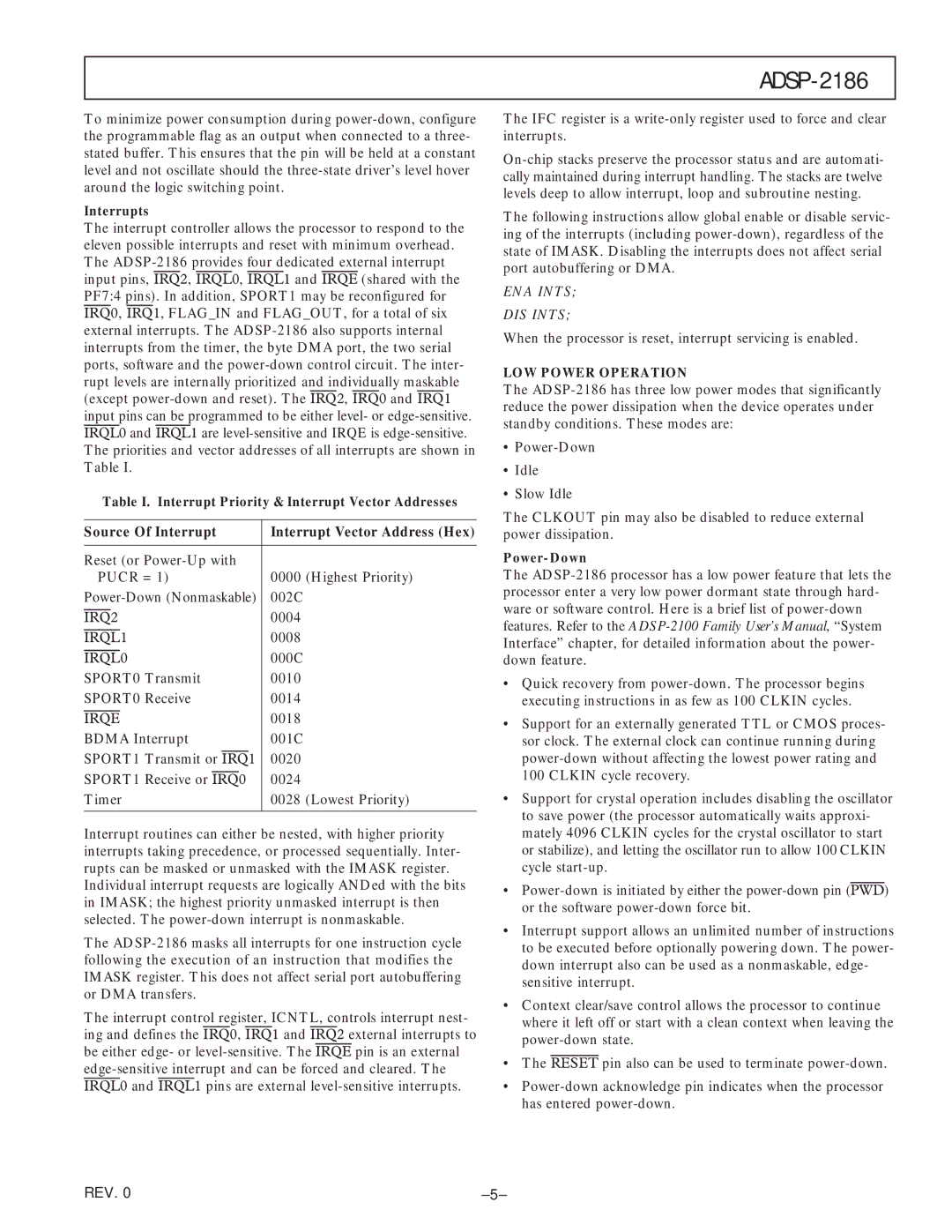 Analog Devices ADSP-2186 Source Of Interrupt Interrupt Vector Address Hex, Interrupts, LOW Power Operation, Power-Down 