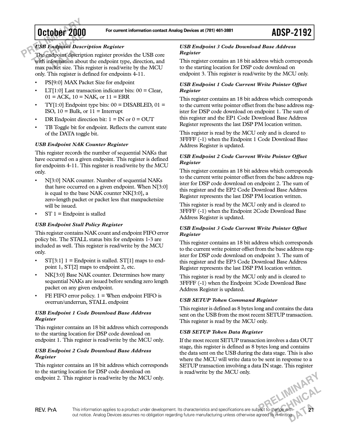 Analog Devices ADSP-2192 specifications A21 