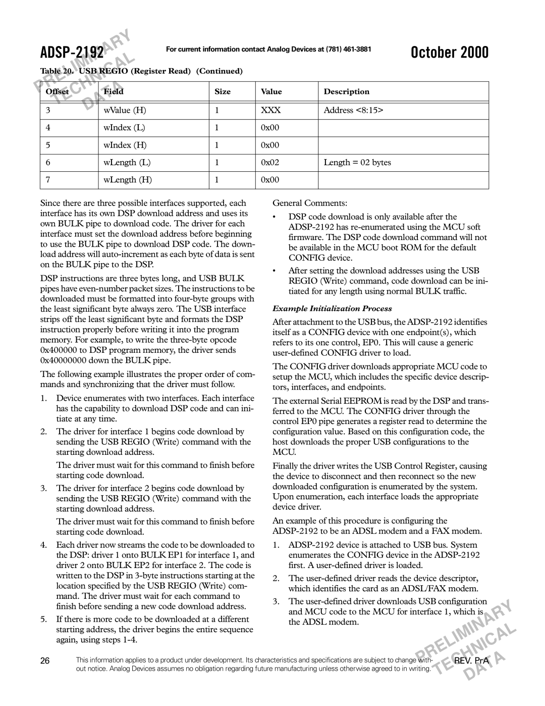 Analog Devices ADSP-2192 specifications WValue H 