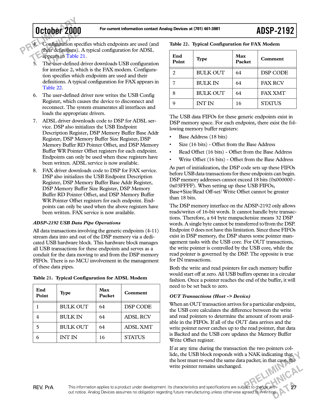 Analog Devices ADSP-2192 specifications A27 