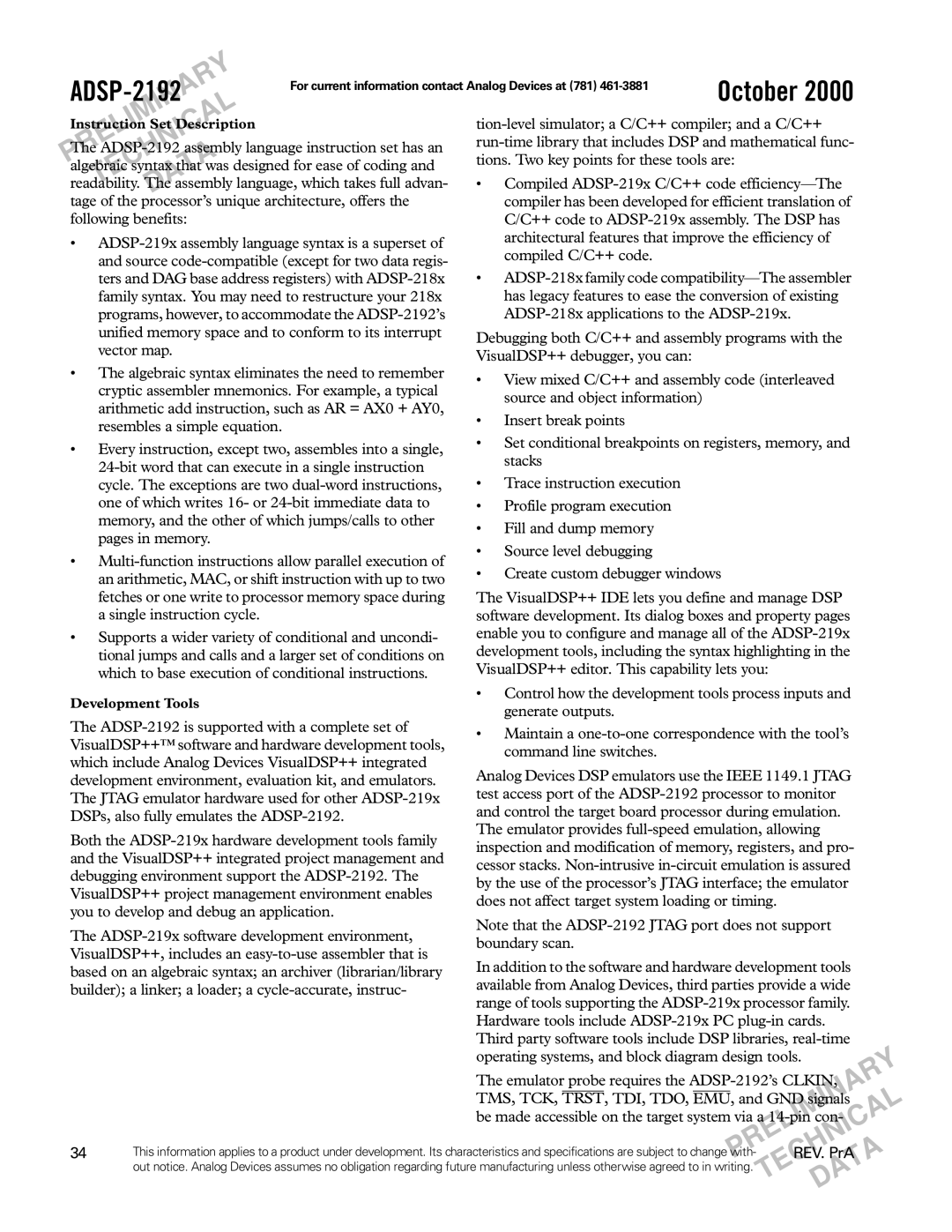 Analog Devices ADSP-2192 specifications Tion-level simulator a C/C++ compiler and a C/C++ 