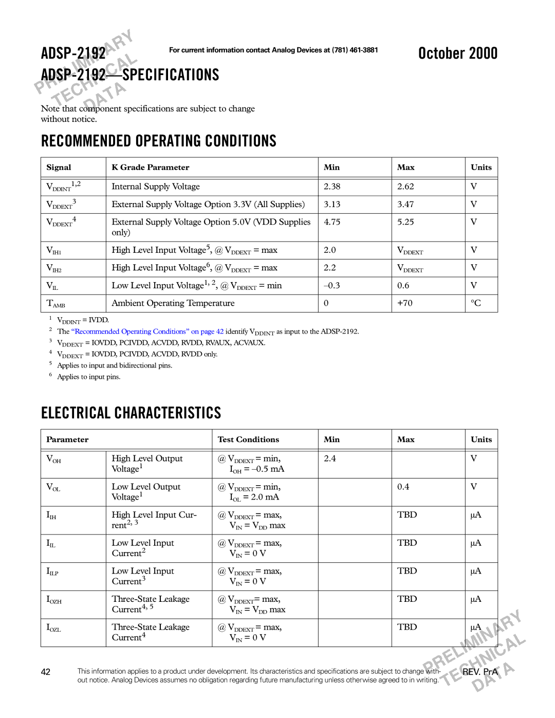 Analog Devices ADSP-2192 specifications Specifications are subject to change, Tbd 