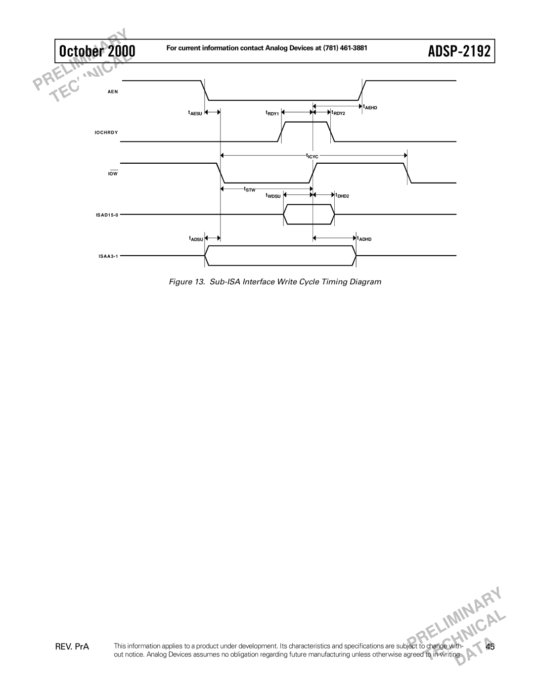 Analog Devices ADSP-2192 specifications Sub-ISA Interface Write Cycle Timing Diagram 