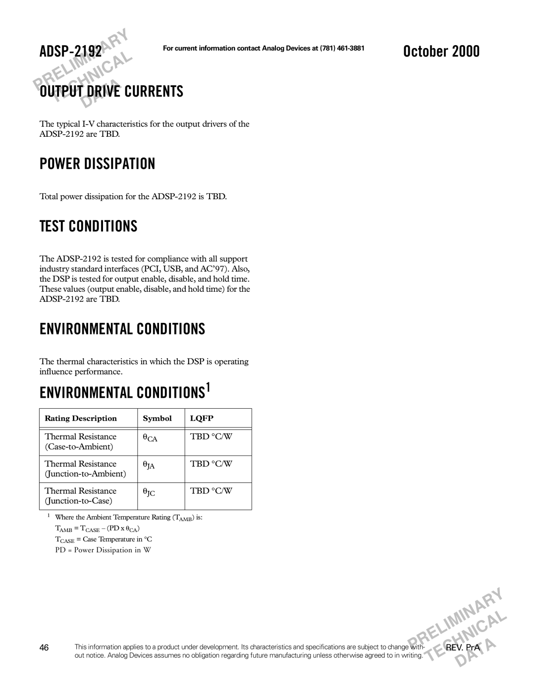 Analog Devices ADSP-2192 specifications Tbd C/W 