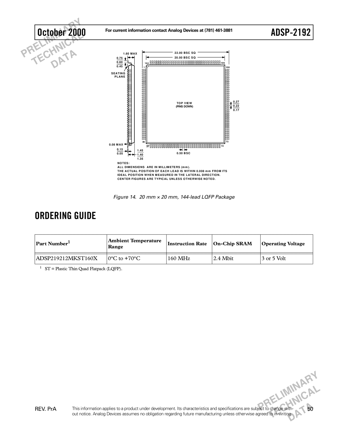 Analog Devices ADSP-2192 specifications Ordering Guide 