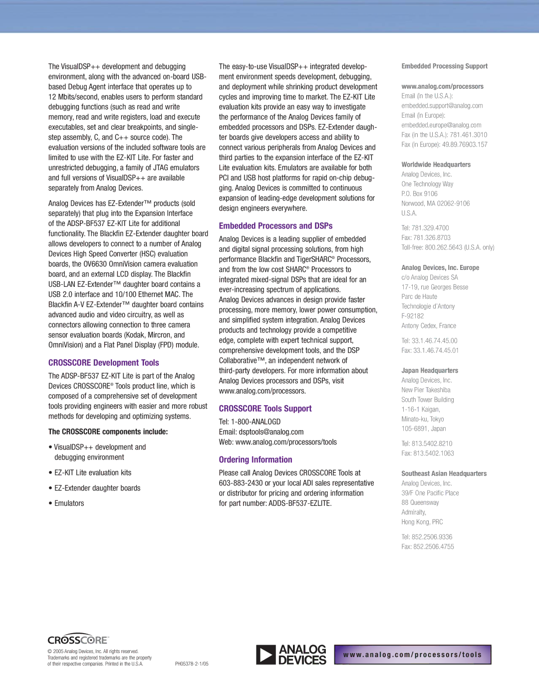 Analog Devices ADSP-BF537 manual Crosscore Development Tools, Embedded Processors and DSPs, Crosscore Tools Support 