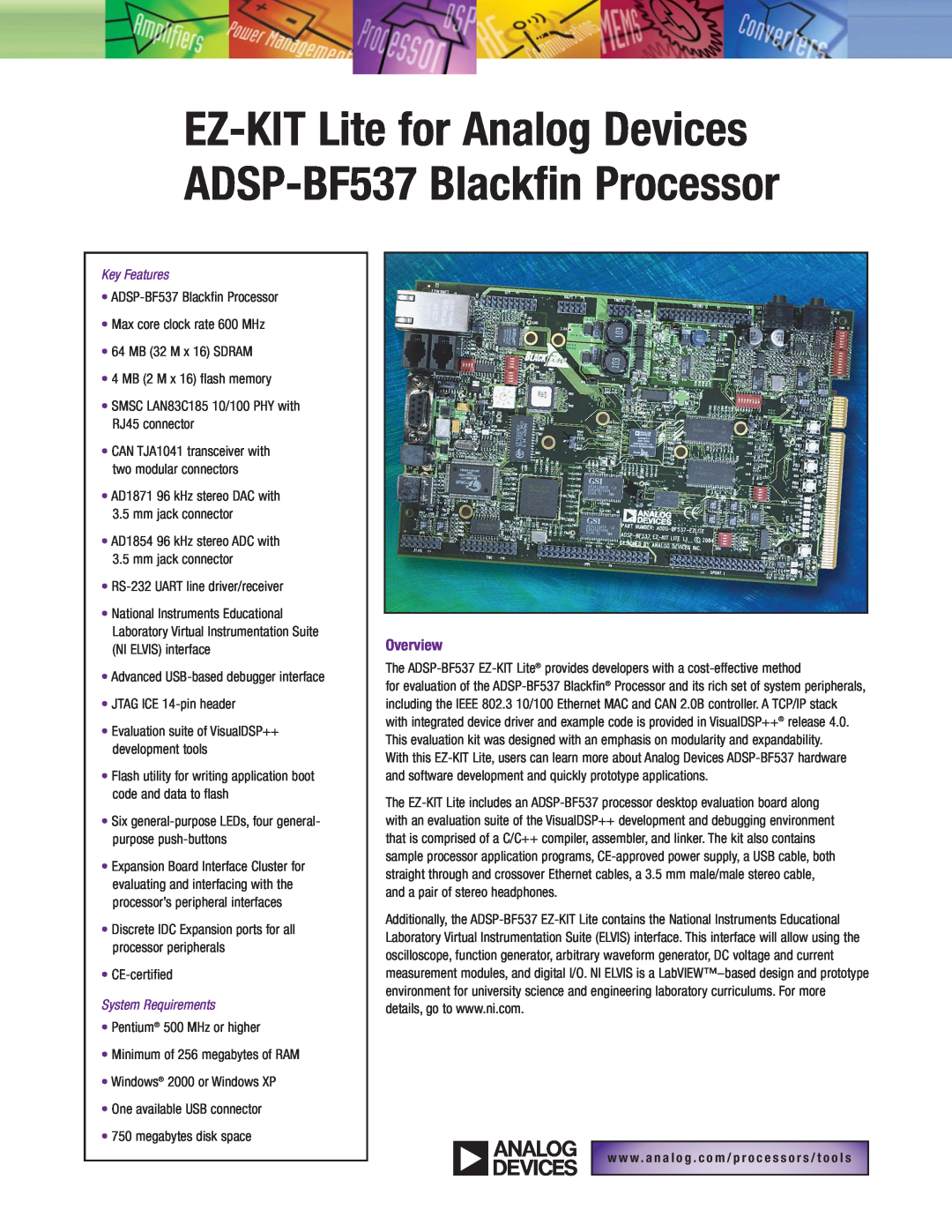 Analog Devices manual Overview, EZ-KIT Lite for Analog Devices ADSP-BF537 Blackﬁn Processor, Key Features 