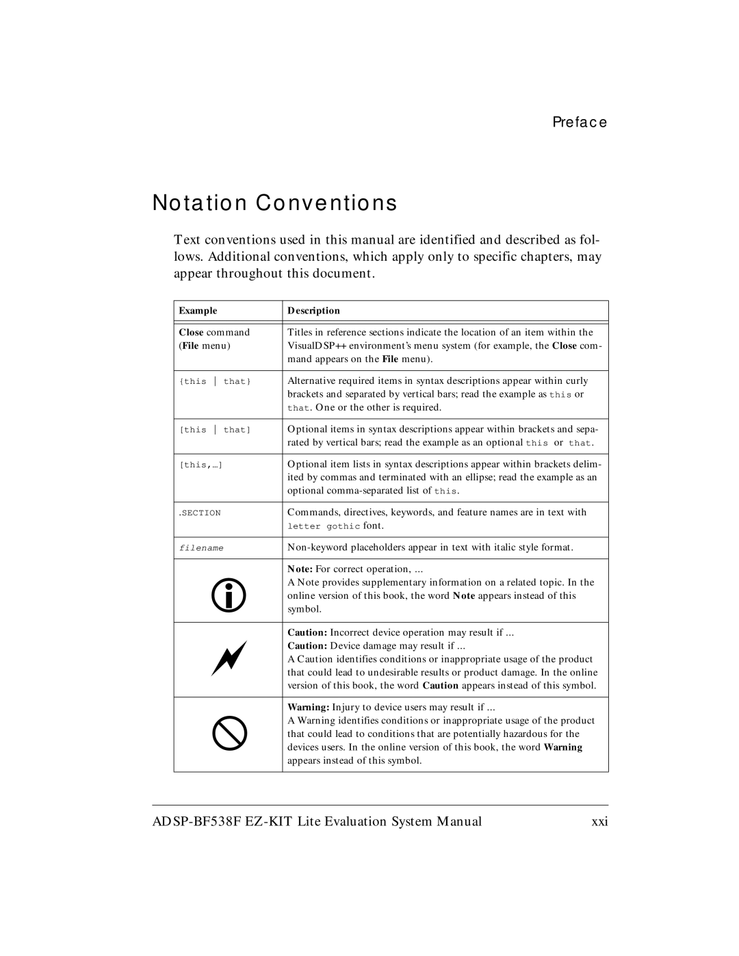 Analog Devices ADSP-BF538F system manual Notation Conventions, Example Description 