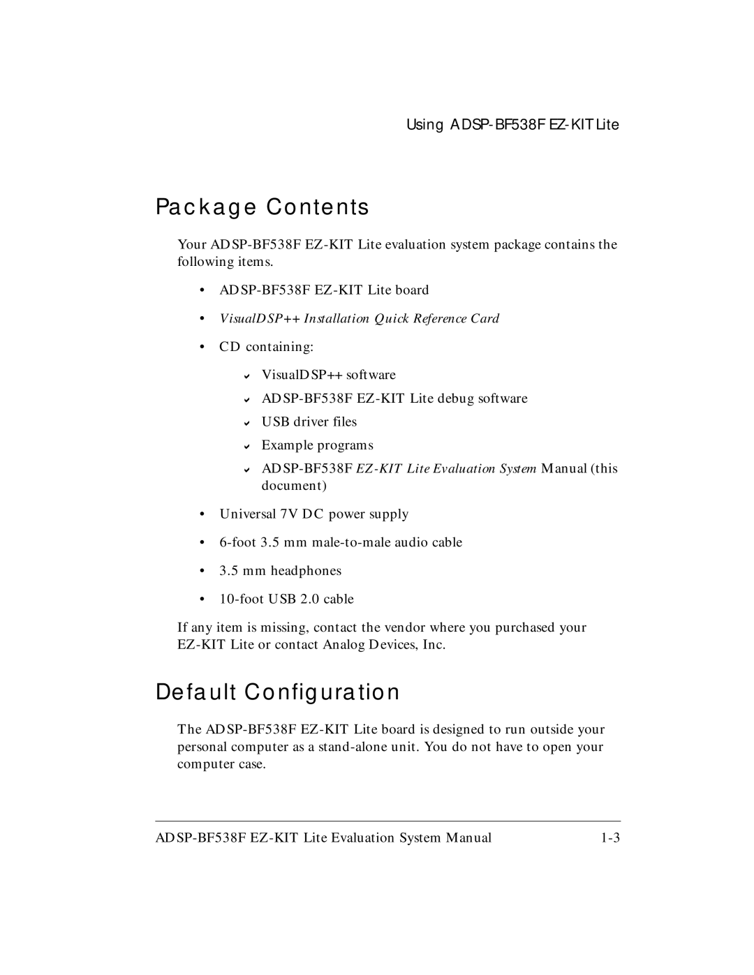 Analog Devices ADSP-BF538F system manual Package Contents, Default Configuration 