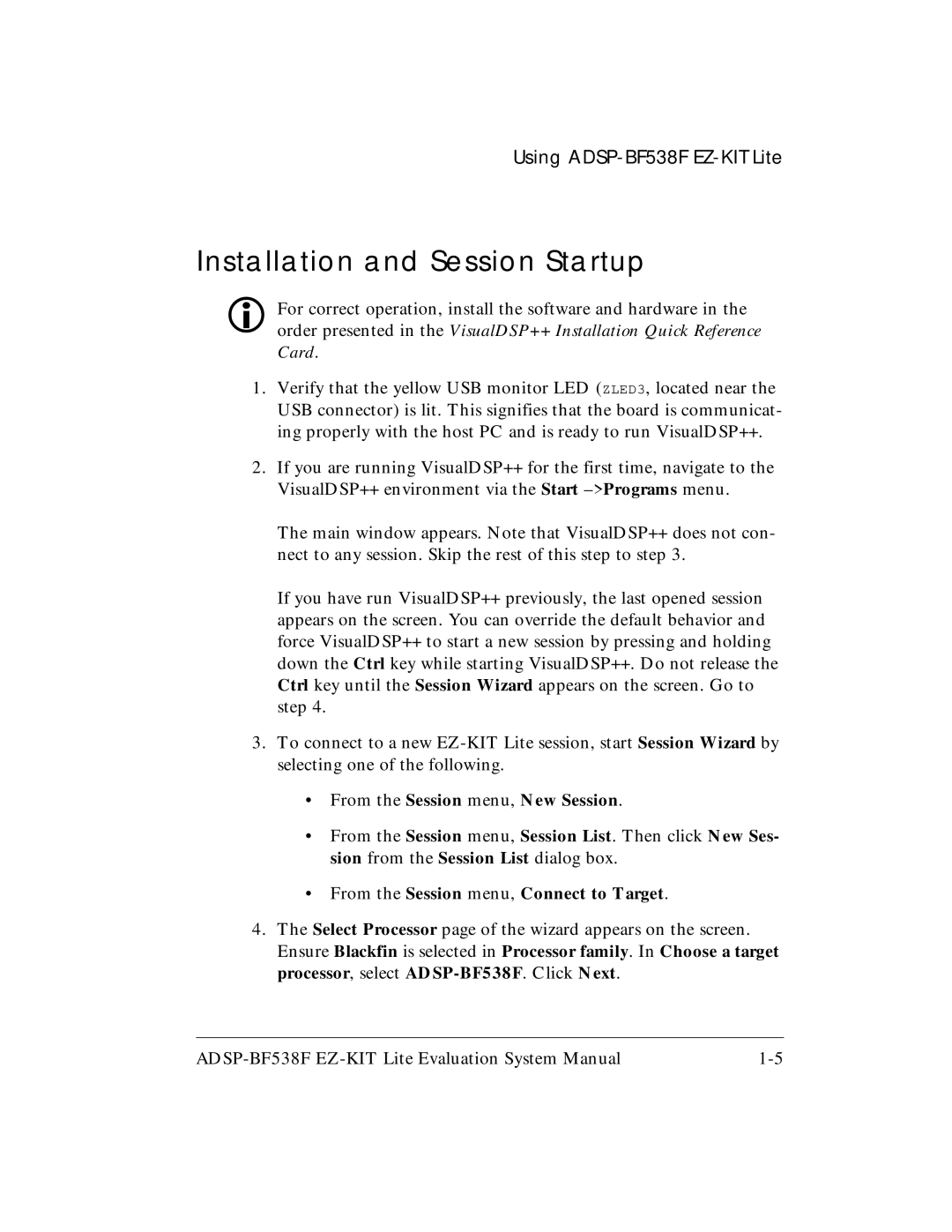 Analog Devices ADSP-BF538F system manual Installation and Session Startup 