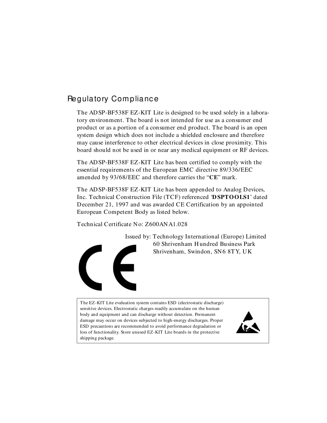 Analog Devices ADSP-BF538F system manual Regulatory Compliance 