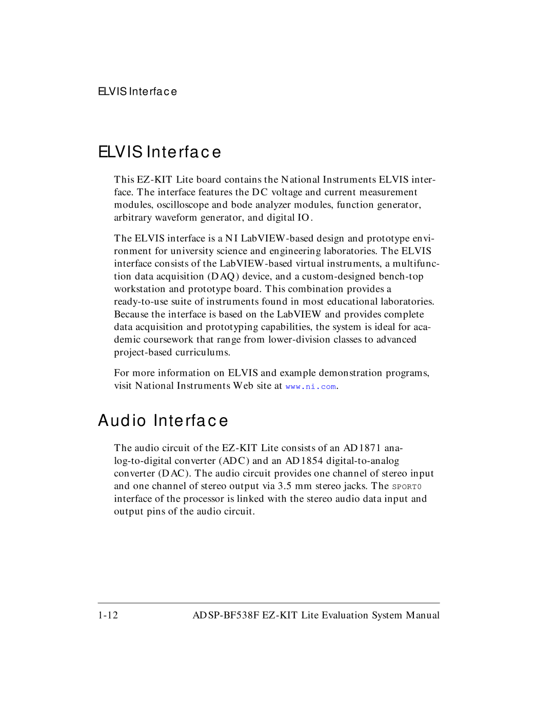 Analog Devices ADSP-BF538F system manual Elvis Interface, Audio Interface 