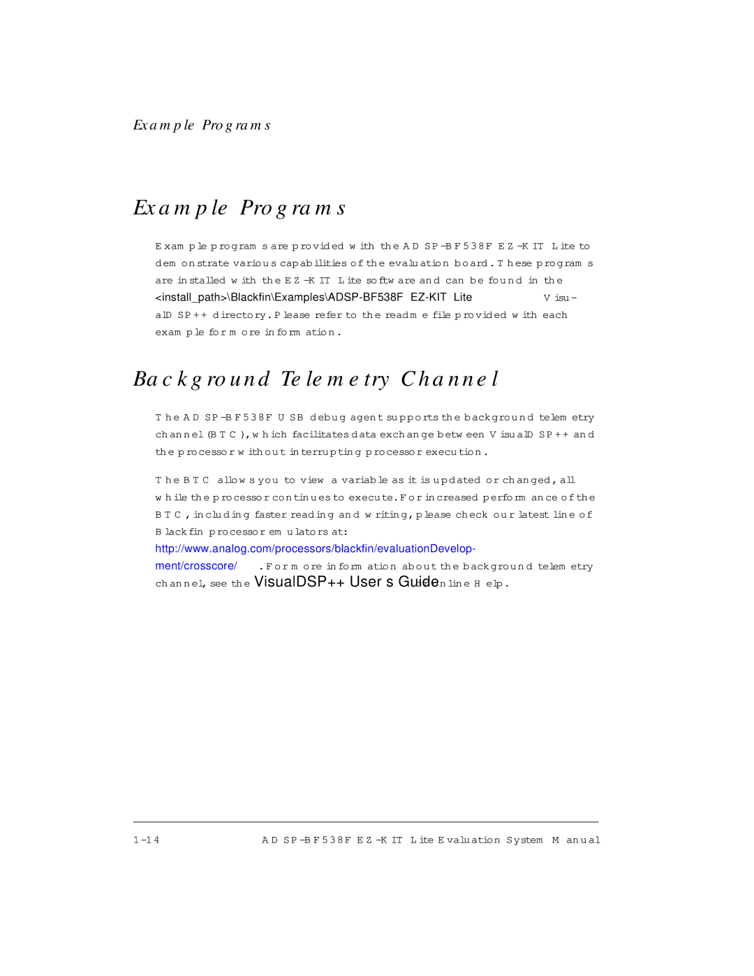 Analog Devices ADSP-BF538F system manual Example Programs, Background Telemetry Channel 