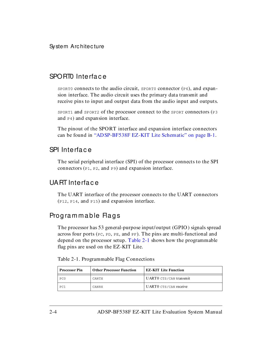 Analog Devices ADSP-BF538F system manual SPORT0 Interface, SPI Interface, Uart Interface, Programmable Flags 