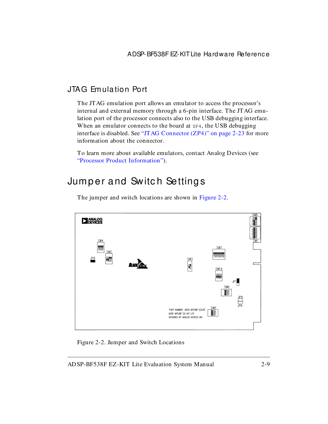 Analog Devices ADSP-BF538F system manual Jumper and Switch Settings, Jtag Emulation Port 