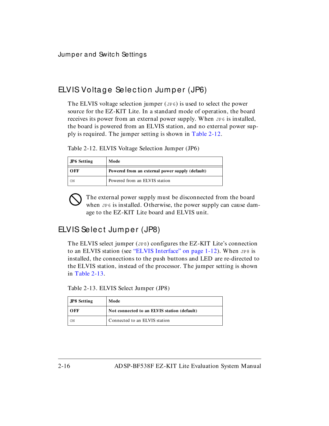 Analog Devices ADSP-BF538F system manual Elvis Voltage Selection Jumper JP6, Elvis Select Jumper JP8 