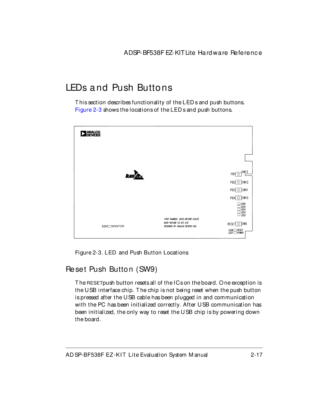 Analog Devices ADSP-BF538F system manual Reset Push Button SW9, LED and Push Button Locations 